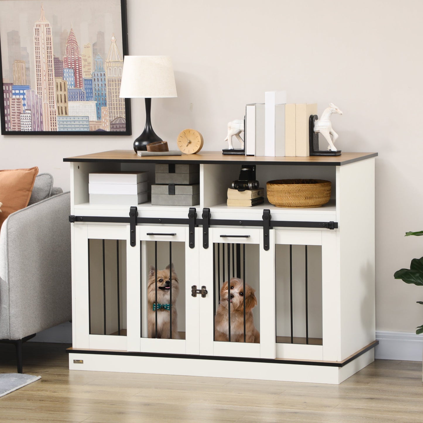 Dog Crate Furniture for Small and Large Dogs w/ Movable Divider, Dog Cage End Table with Shelves, Sliding Doors, 120 x 60 x 88.5cm, White