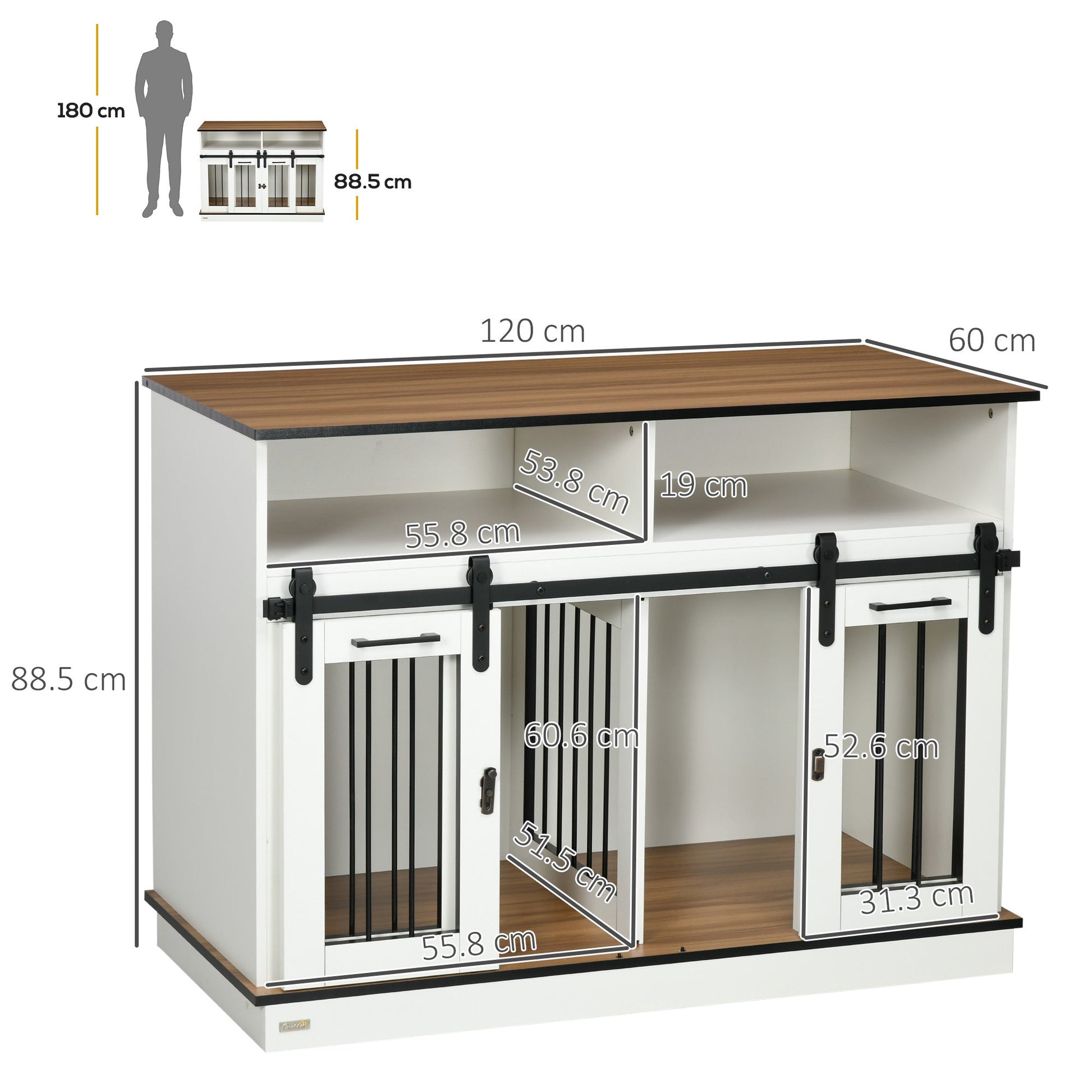 Dog Crate Furniture for Small and Large Dogs w/ Movable Divider, Dog Cage End Table with Shelves, Sliding Doors, 120 x 60 x 88.5cm, White
