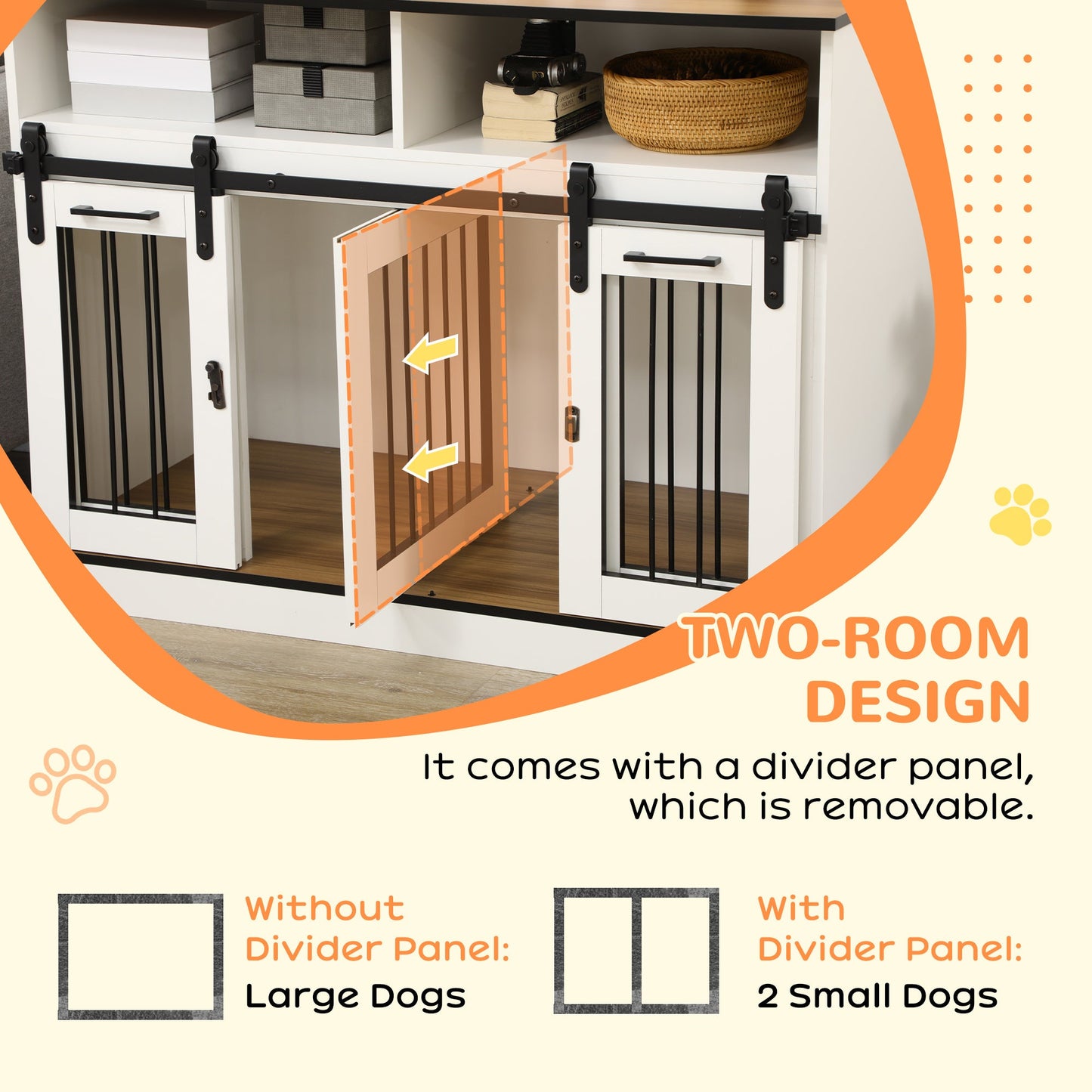 Dog Crate Furniture for Small and Large Dogs w/ Movable Divider, Dog Cage End Table with Shelves, Sliding Doors, 120 x 60 x 88.5cm, White