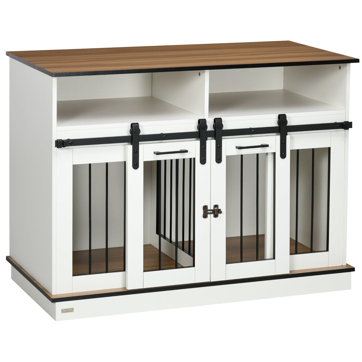 Dog Crate Furniture for Small and Large Dogs w/ Movable Divider, Dog Cage End Table with Shelves, Sliding Doors, 120 x 60 x 88.5cm, White