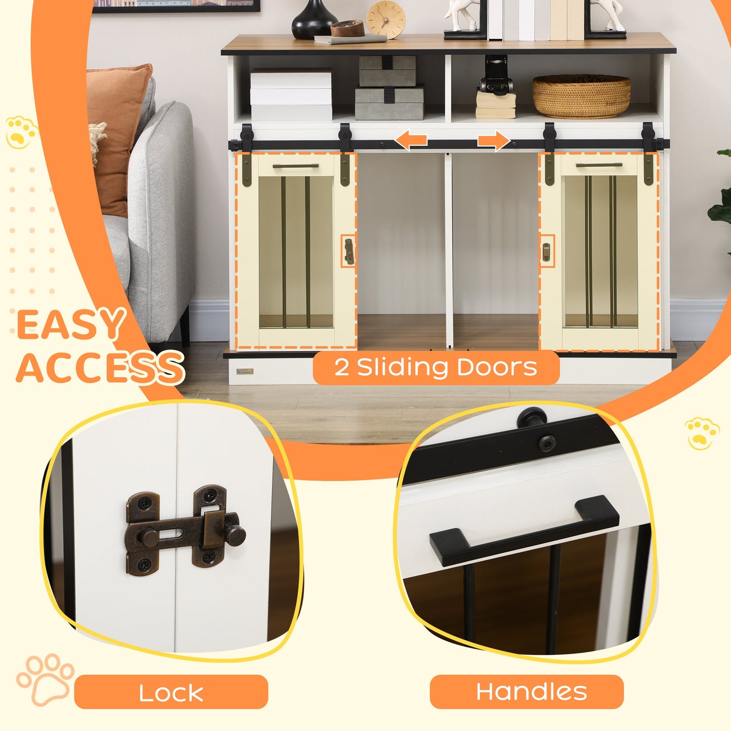 Dog Crate Furniture for Small and Large Dogs w/ Movable Divider, Dog Cage End Table with Shelves, Sliding Doors, 120 x 60 x 88.5cm, White