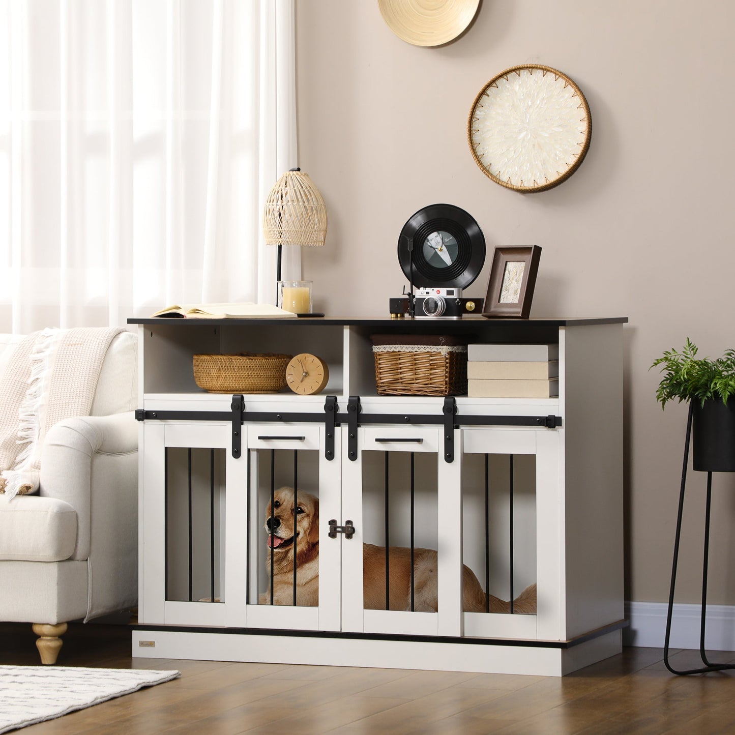 Dog Crate Furniture for Small and Large Dogs w/ Movable Divider, Dog Cage End Table with Shelves, Sliding Doors, 120 x 60 x 88.5cm, White