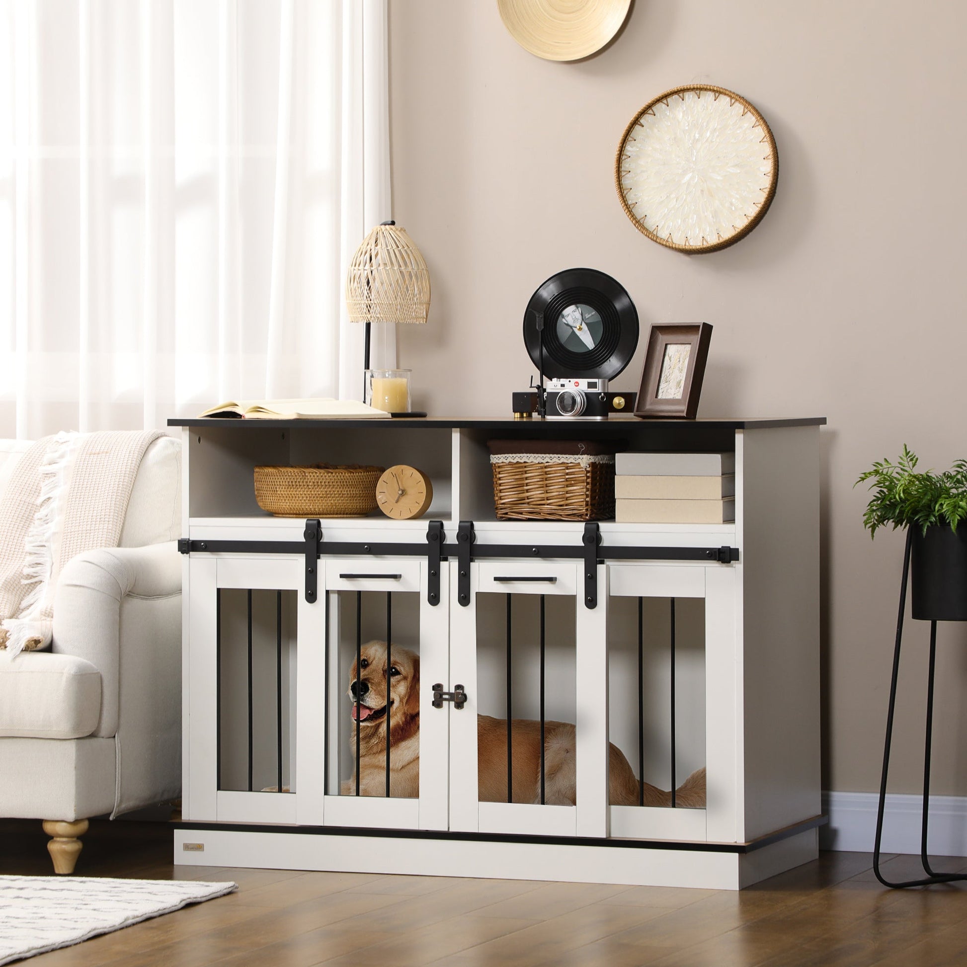 Dog Crate Furniture for Small and Large Dogs w/ Movable Divider, Dog Cage End Table with Shelves, Sliding Doors, 120 x 60 x 88.5cm, White