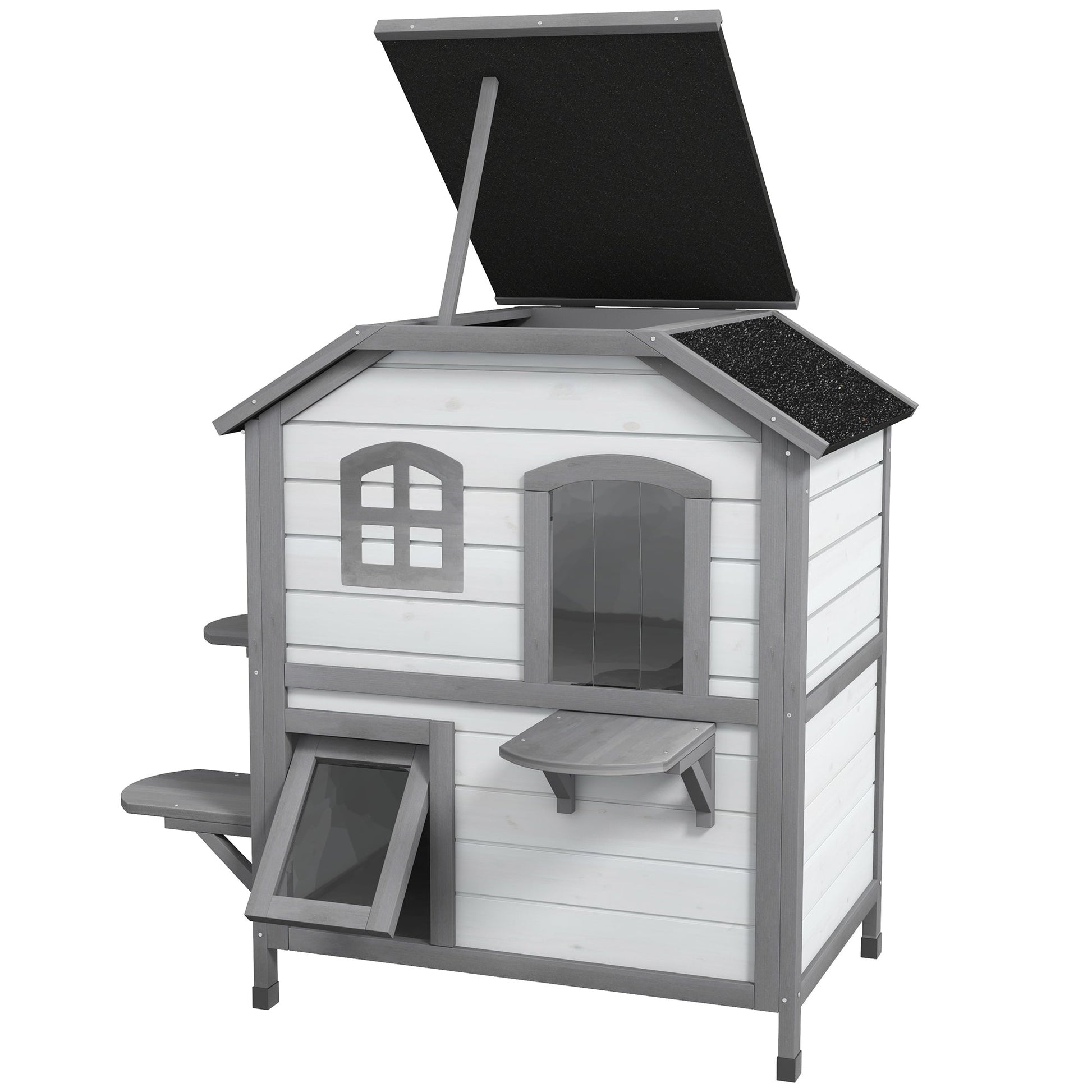  2-story Cat House Outdoor, Weatherproof Wooden Cat Enclosure for Feral Cats with Escape Door, Openable Roof, Jumping Platforms, White