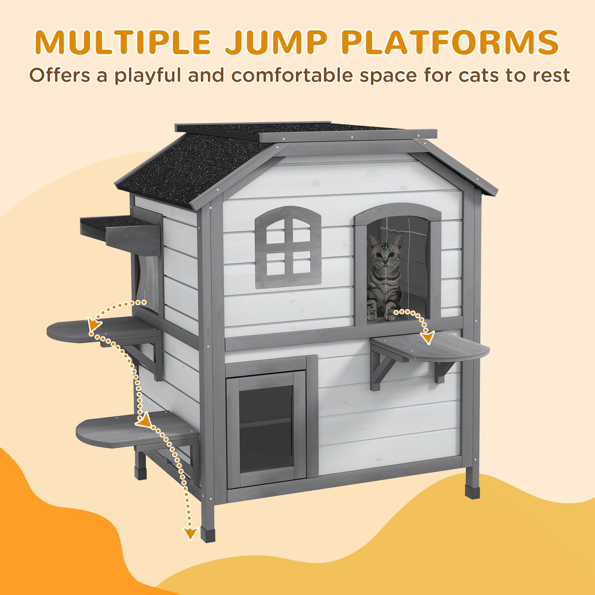 2-story Cat House Outdoor, Weatherproof Wooden Cat Enclosure for Feral Cats with Escape Door, Openable Roof, Jumping Platforms, White
