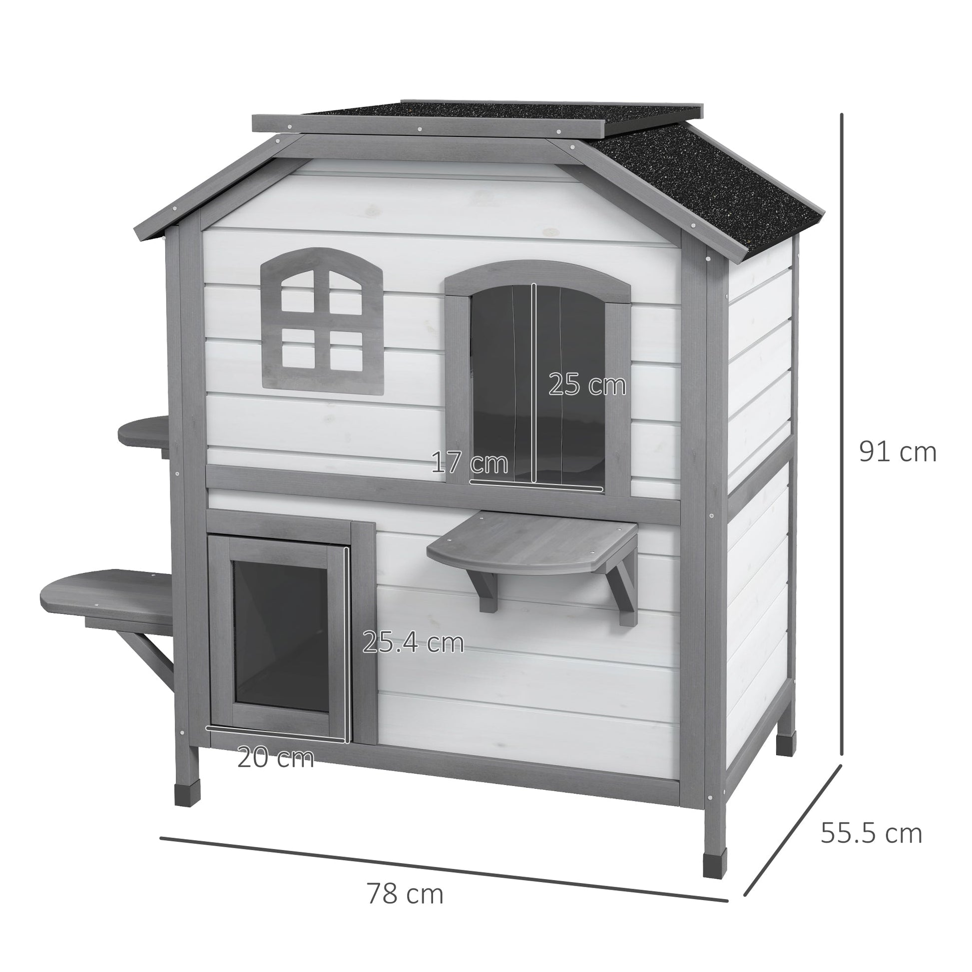  2-story Cat House Outdoor, Weatherproof Wooden Cat Enclosure for Feral Cats with Escape Door, Openable Roof, Jumping Platforms, White