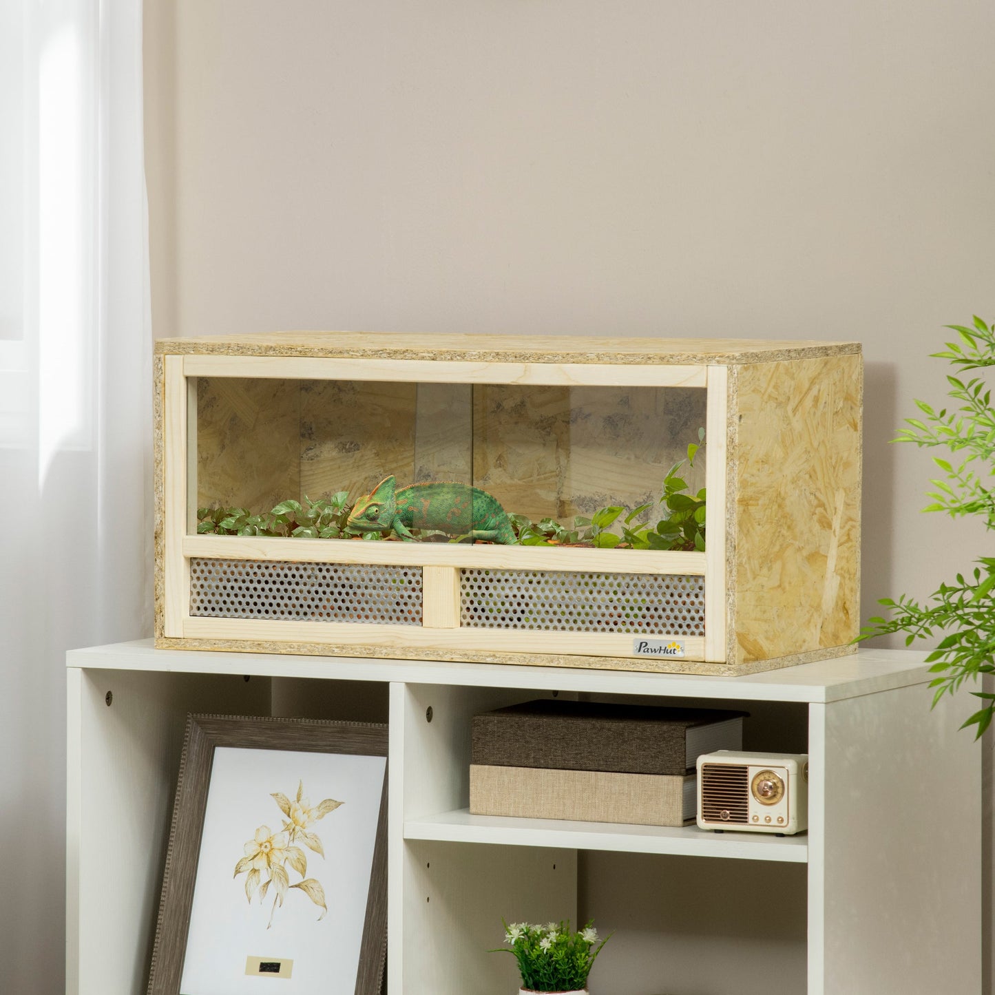 Reptile Terrarium Vivarium Habitat w/ Transparent Sliding Doors, Breathable Mesh, for Lizards, Horned Frogs, Snakes and Chameleons, 60 x 29.5 x 29.5cm