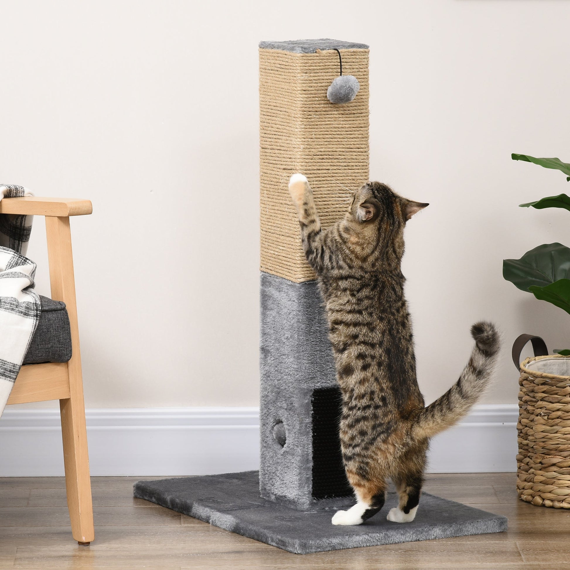 Cat Tree Scratching Post for Indoor Cats 79cm Jute Scratcher Climber w/ Carpet Base Dangling Toy – Grey