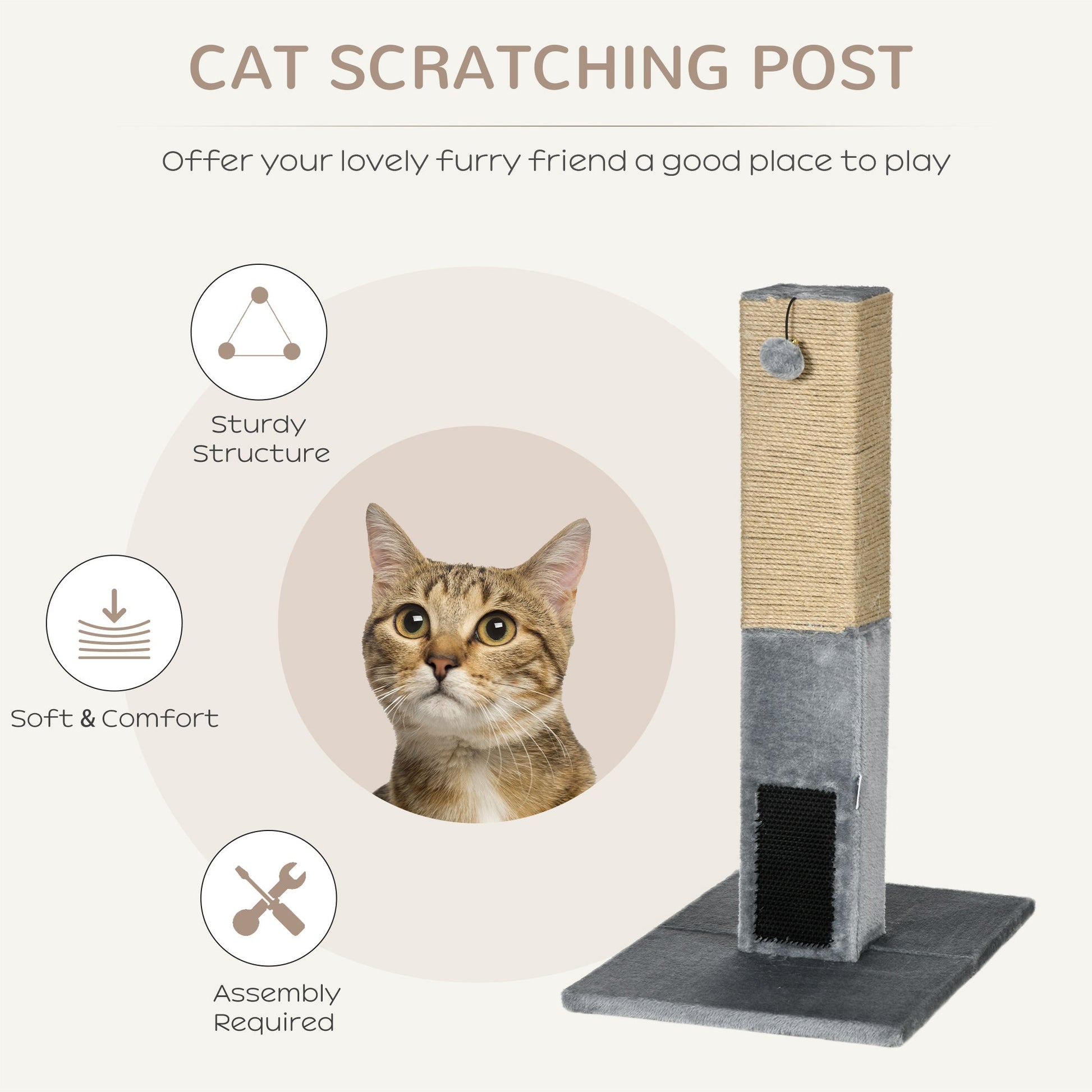 Cat Tree Scratching Post for Indoor Cats 79cm Jute Scratcher Climber w/ Carpet Base Dangling Toy – Grey