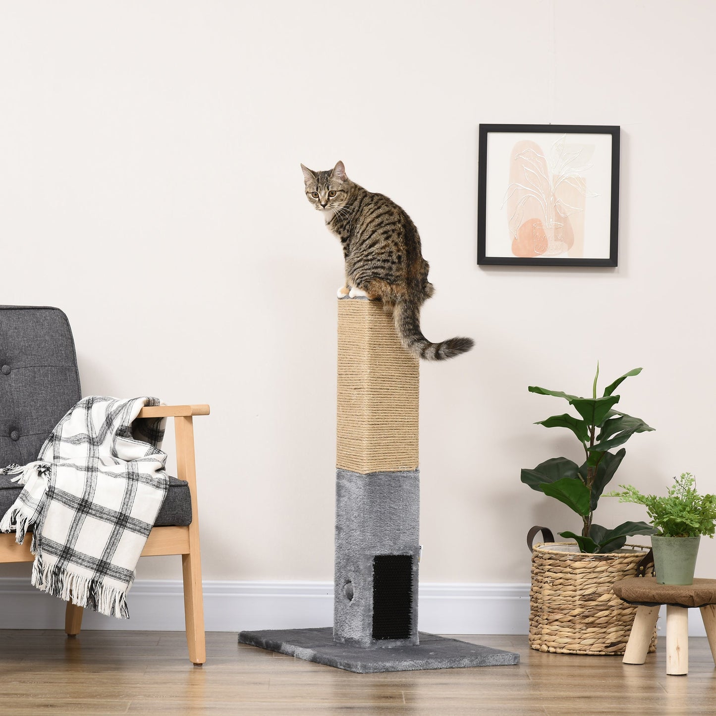 Cat Tree Scratching Post for Indoor Cats 79cm Jute Scratcher Climber w/ Carpet Base Dangling Toy – Grey