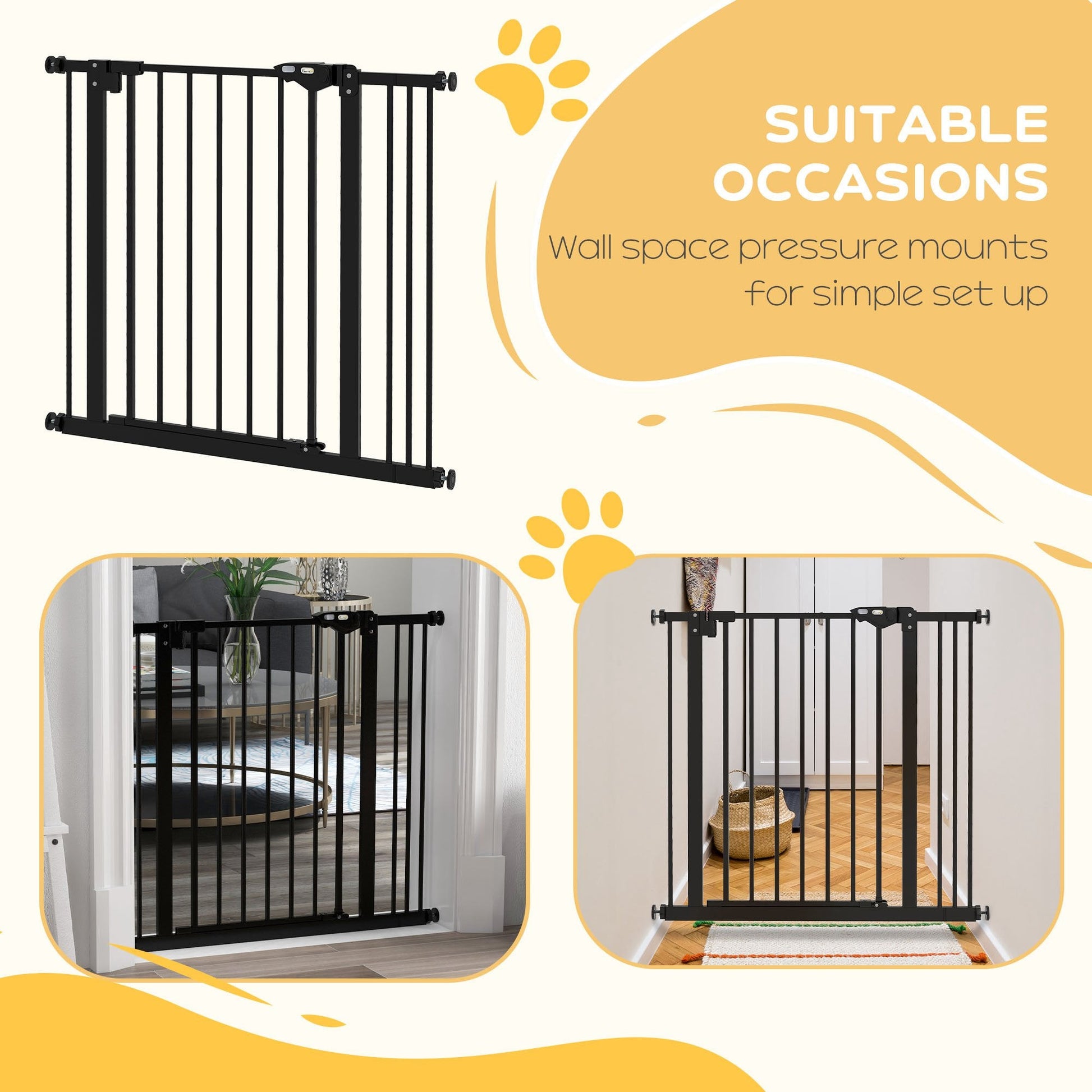 Dog Gate Stair Gate Pressure Fit Pets Barrier Auto Close for Doorway Hallway, 74-87cm Wide Adjustable, Black