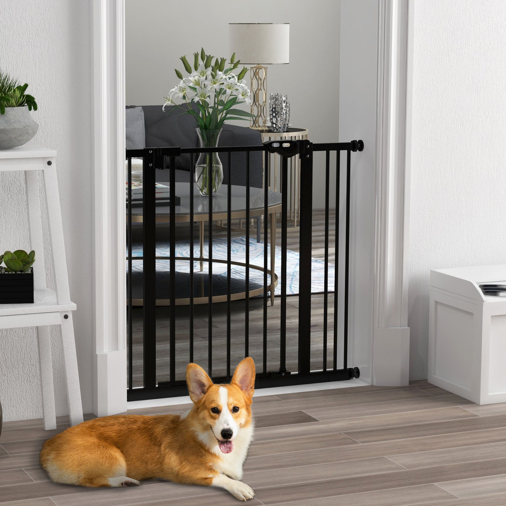 Dog Gate Stair Gate Pressure Fit Pets Barrier Auto Close for Doorway Hallway, 74-87cm Wide Adjustable, Black