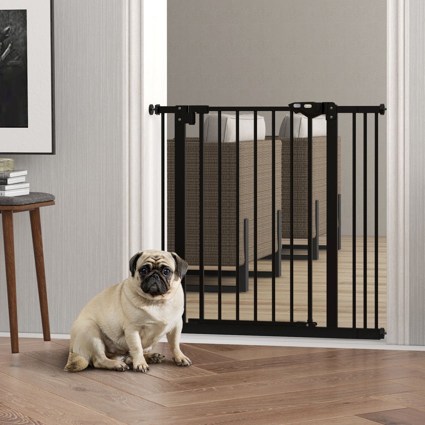 Dog Gate Stair Gate Pressure Fit Pets Barrier Auto Close for Doorway Hallway, 74-87cm Wide Adjustable, Black