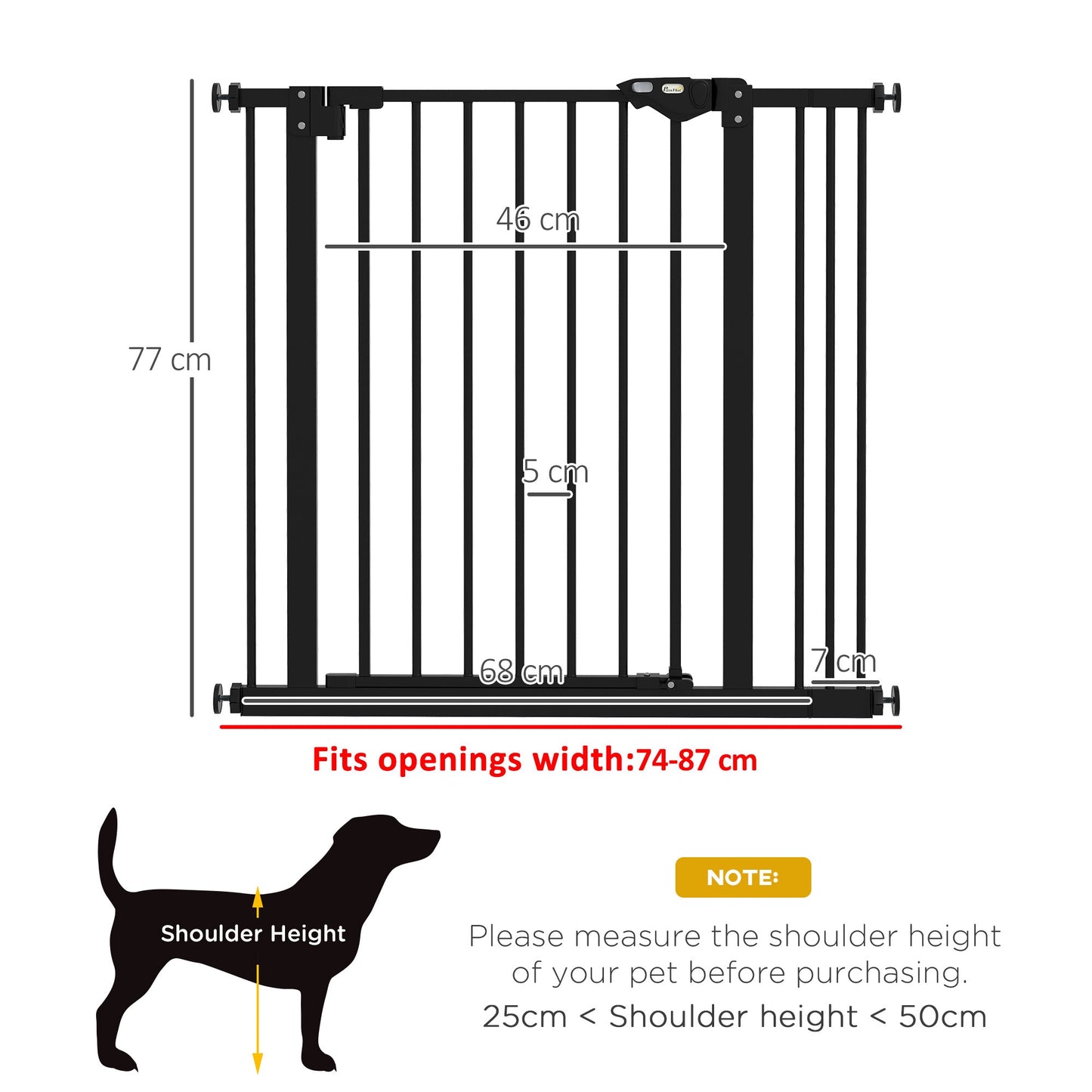 Dog Gate Stair Gate Pressure Fit Pets Barrier Auto Close for Doorway Hallway, 74-87cm Wide Adjustable, Black