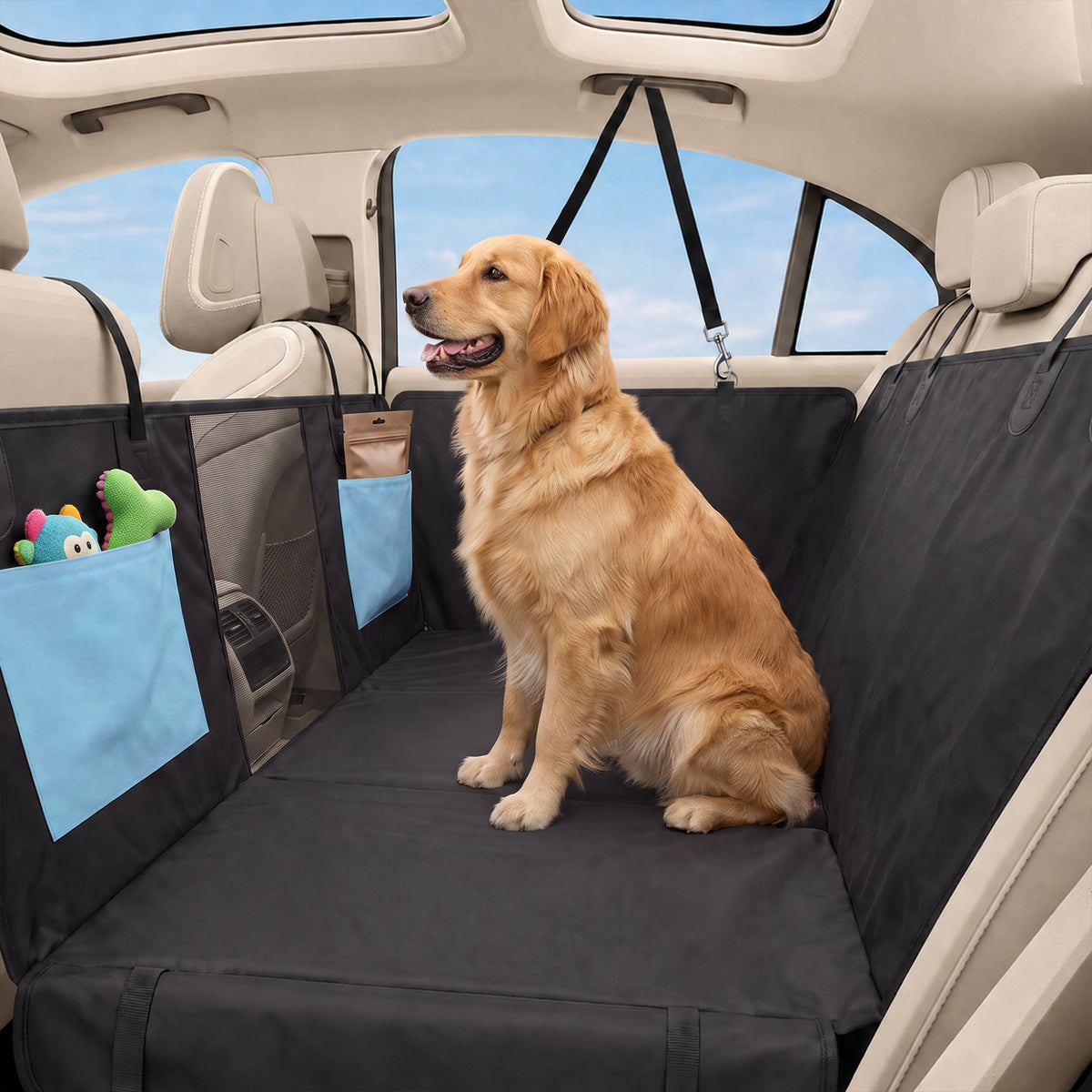 Dog Car Seat Cover, Waterproof Dog Travel Hammock with Non-Slip & Anti-Scratch Surface, Mesh Window and Pockets, Foldable Back Seat Cover for Cars, Trucks and SUVs, Blue