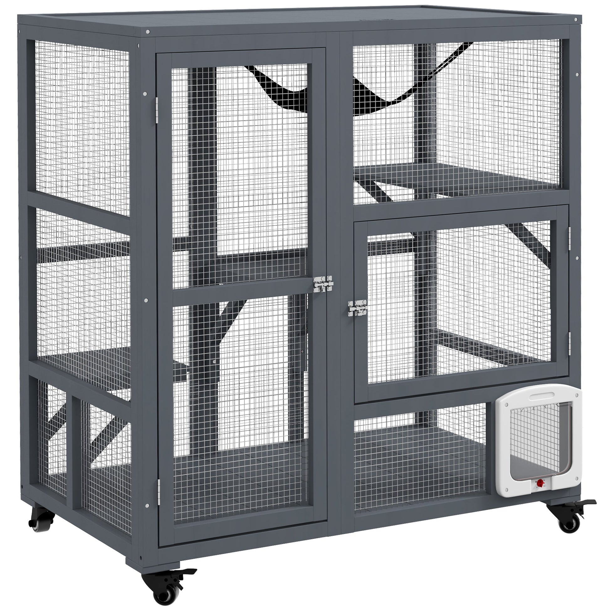 Cat Cage House, Catio Cat Indoor Enclosure on Wheels, Weather-Resistant Wooden Kitty Cage with Platforms, Hammock, Light Grey
