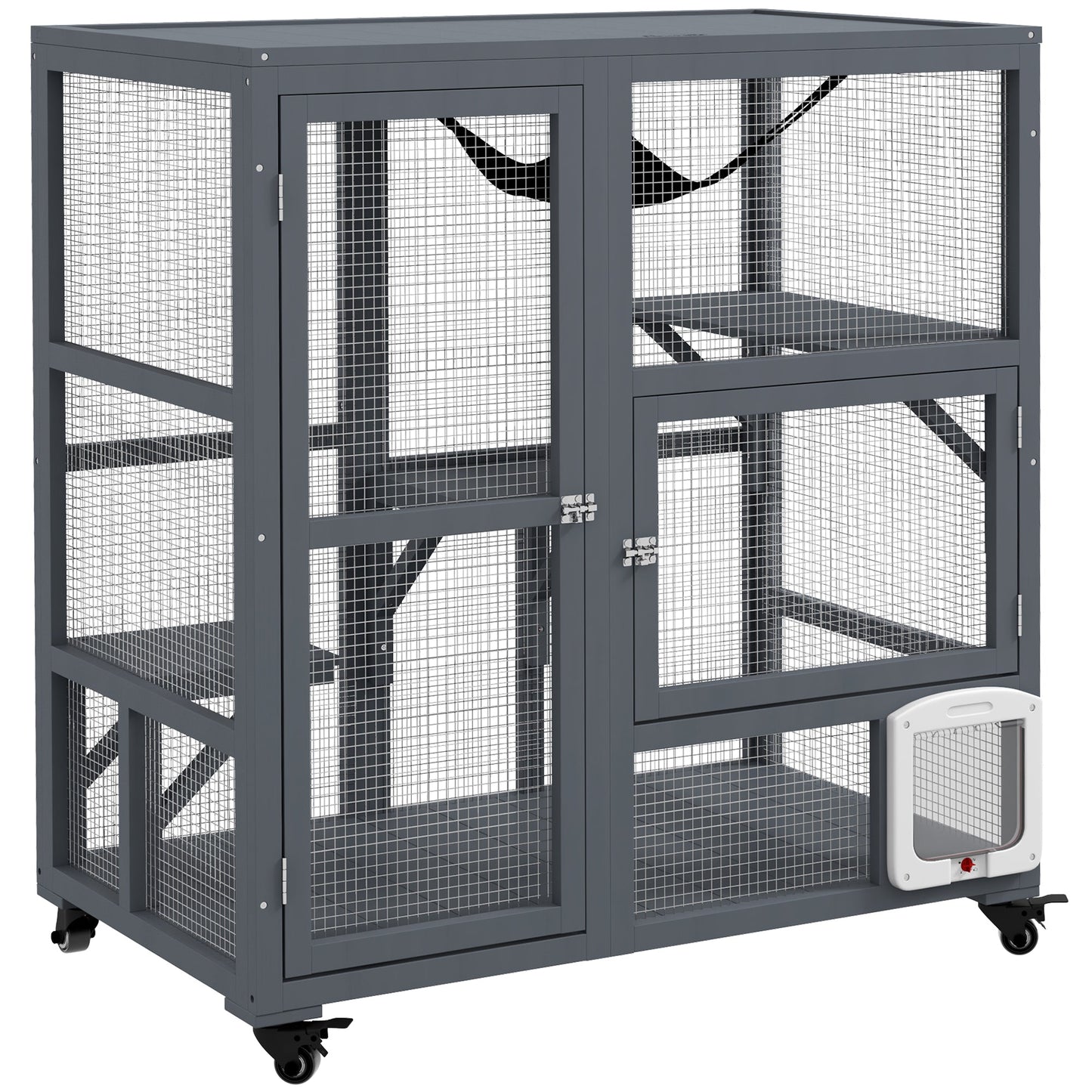 Cat Cage House, Catio Cat Indoor Enclosure on Wheels, Weather-Resistant Wooden Kitty Cage with Platforms, Hammock, Light Grey
