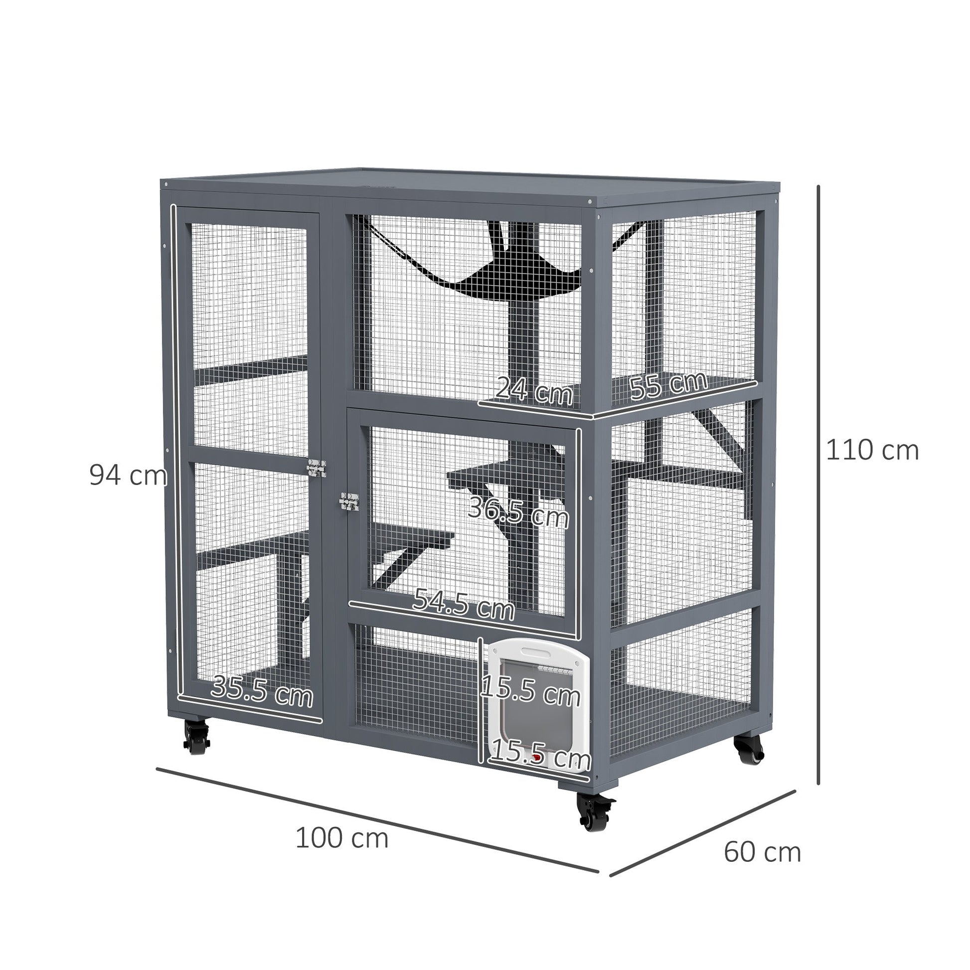 Cat Cage House, Catio Cat Indoor Enclosure on Wheels, Weather-Resistant Wooden Kitty Cage with Platforms, Hammock, Light Grey