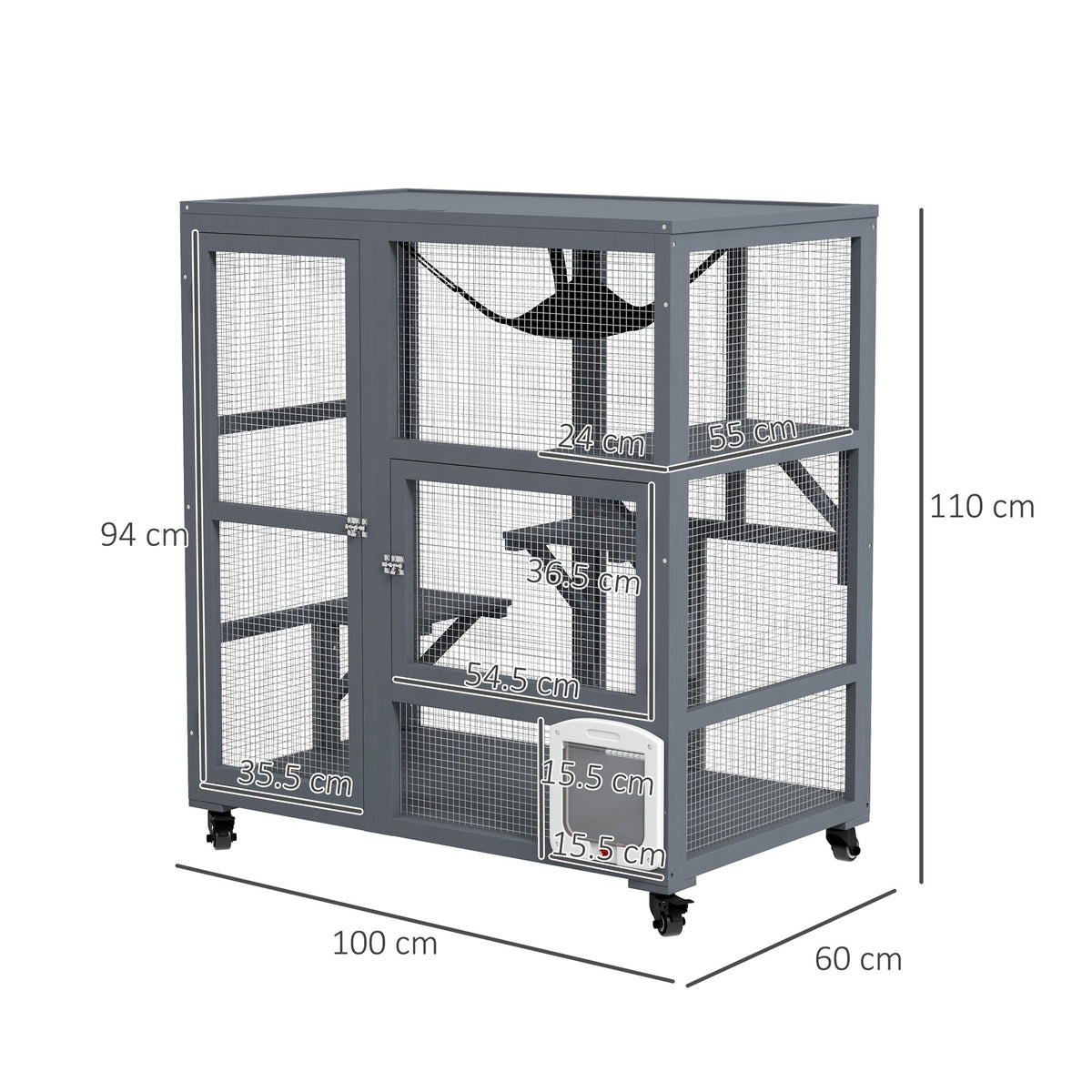 Cat Cage House, Catio Cat Indoor Enclosure on Wheels, Weather-Resistant Wooden Kitty Cage with Platforms, Hammock, Light Grey