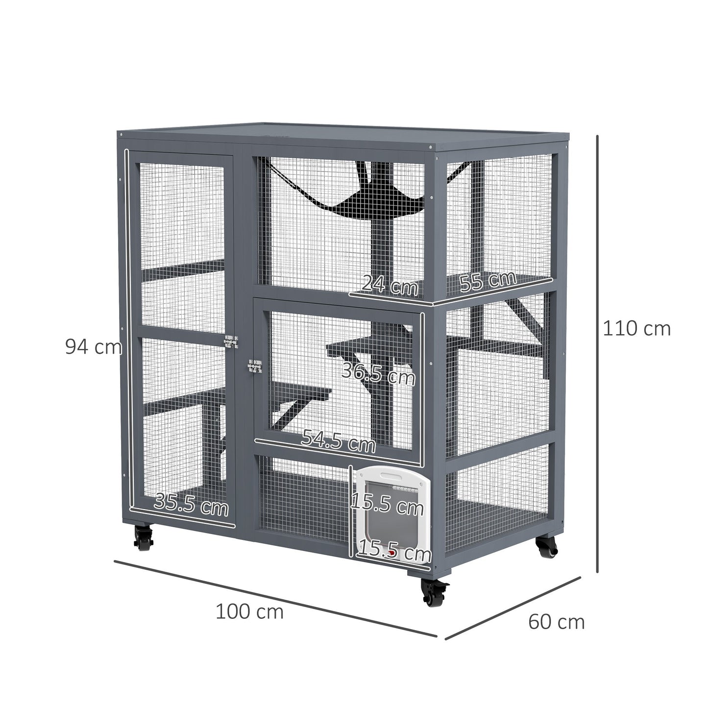 Cat Cage House, Catio Cat Indoor Enclosure on Wheels, Weather-Resistant Wooden Kitty Cage with Platforms, Hammock, Light Grey