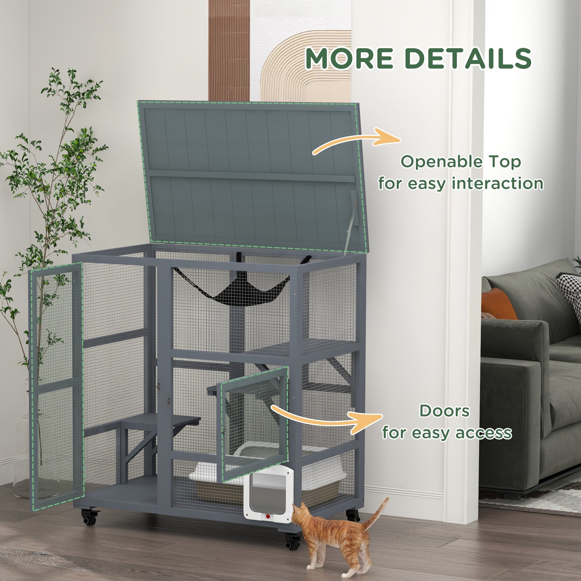 Cat Cage House, Catio Cat Indoor Enclosure on Wheels, Weather-Resistant Wooden Kitty Cage with Platforms, Hammock, Light Grey