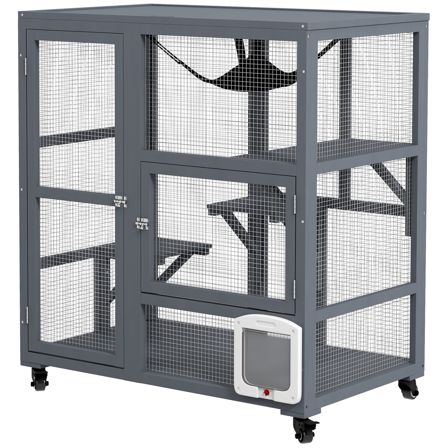 Cat Cage House, Catio Cat Indoor Enclosure on Wheels, Weather-Resistant Wooden Kitty Cage with Platforms, Hammock, Light Grey