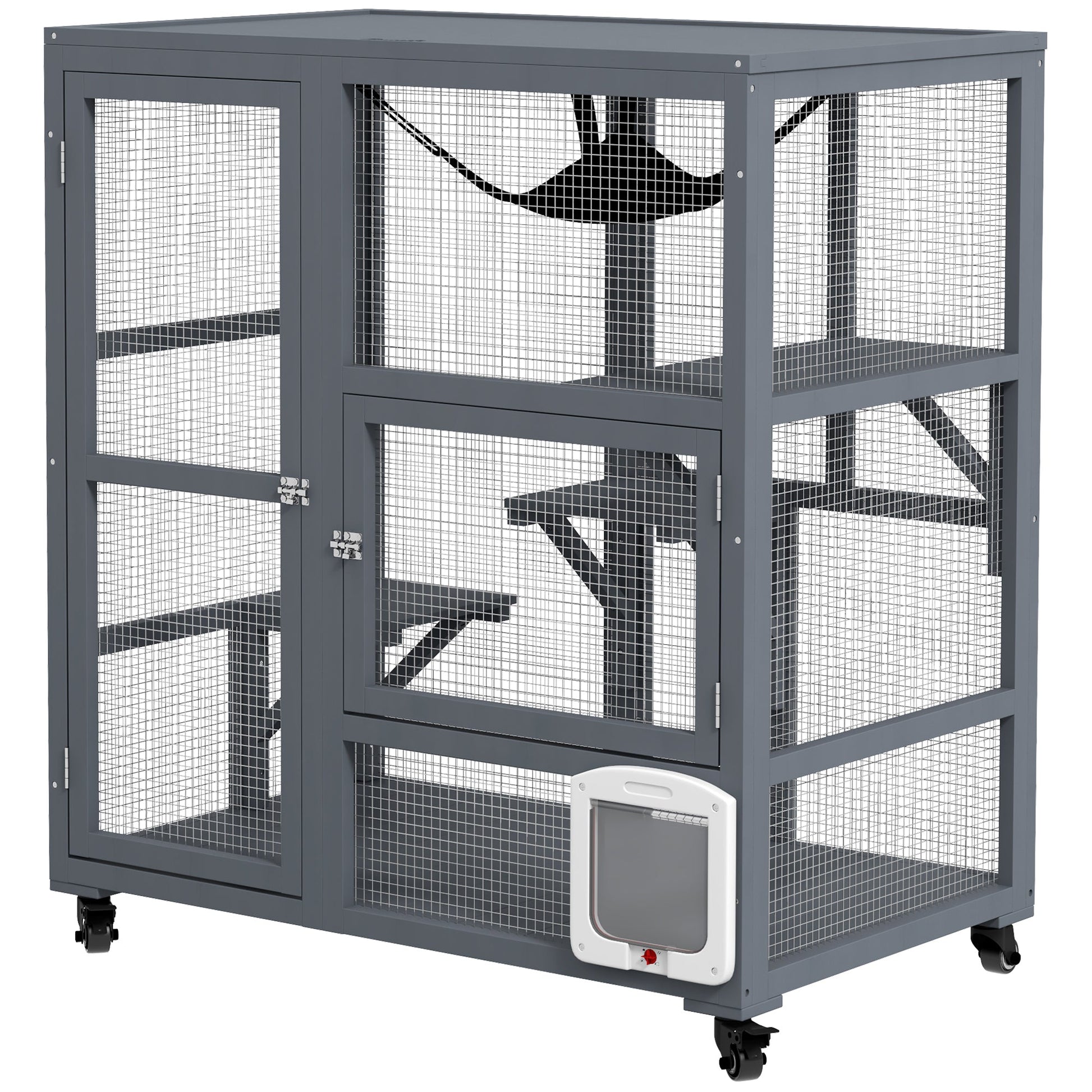 Cat Cage House, Catio Cat Indoor Enclosure on Wheels, Weather-Resistant Wooden Kitty Cage with Platforms, Hammock, Light Grey