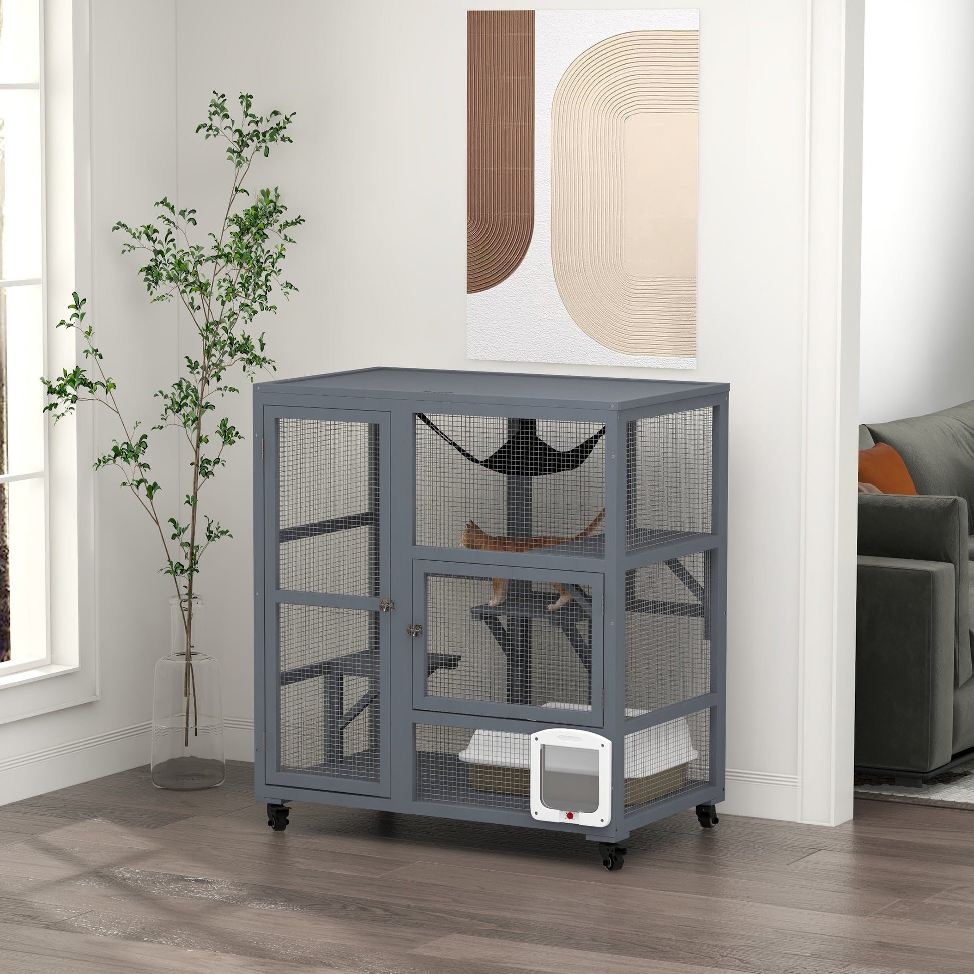 Cat Cage House, Catio Cat Indoor Enclosure on Wheels, Weather-Resistant Wooden Kitty Cage with Platforms, Hammock, Light Grey
