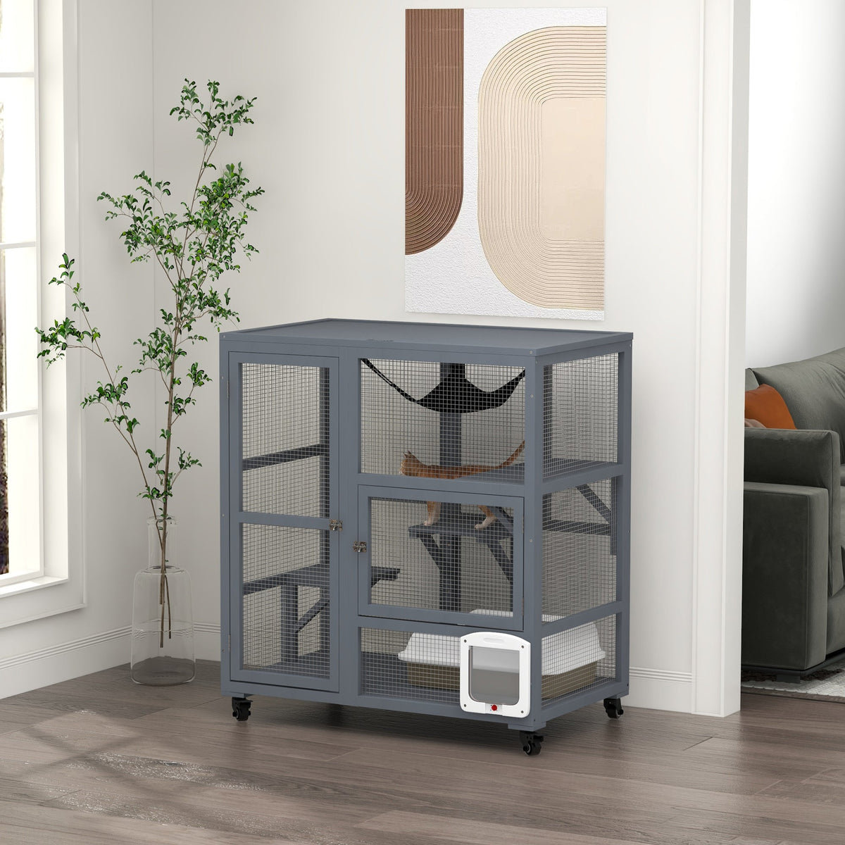 Cat Cage House, Catio Cat Indoor Enclosure on Wheels, Weather-Resistant Wooden Kitty Cage with Platforms, Hammock, Light Grey