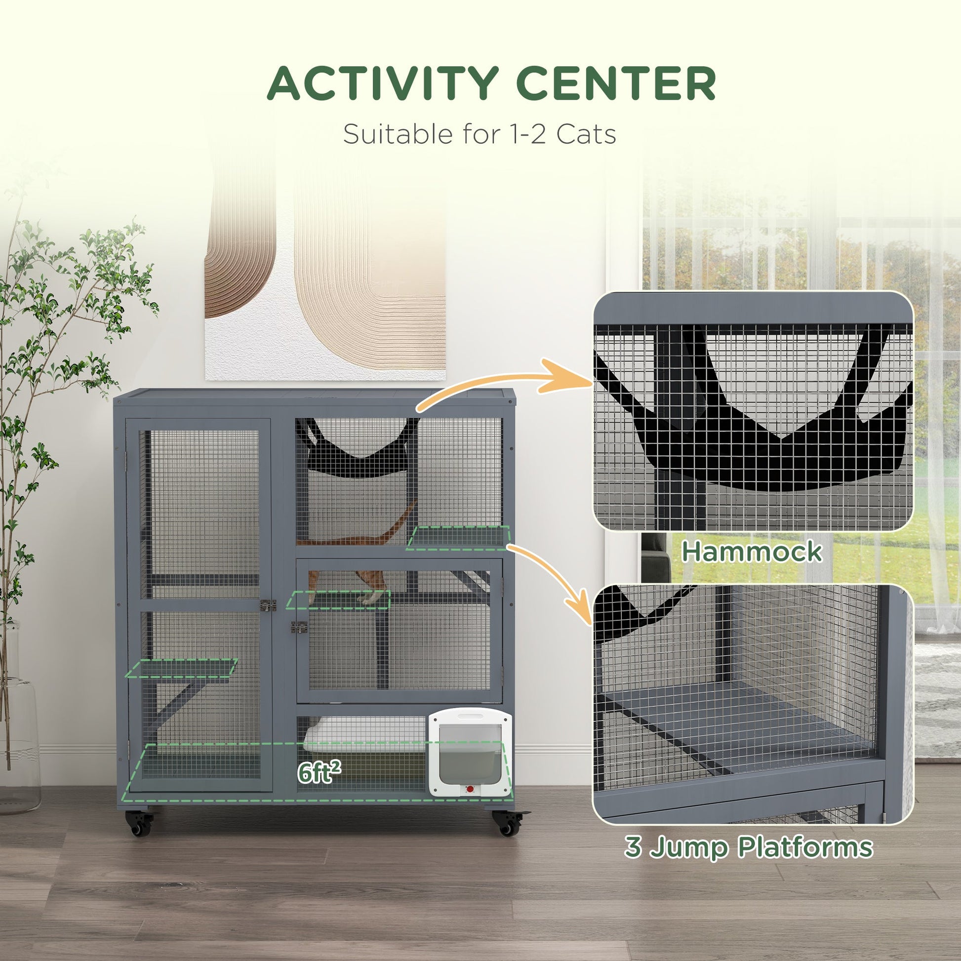 Cat Cage House, Catio Cat Indoor Enclosure on Wheels, Weather-Resistant Wooden Kitty Cage with Platforms, Hammock, Light Grey