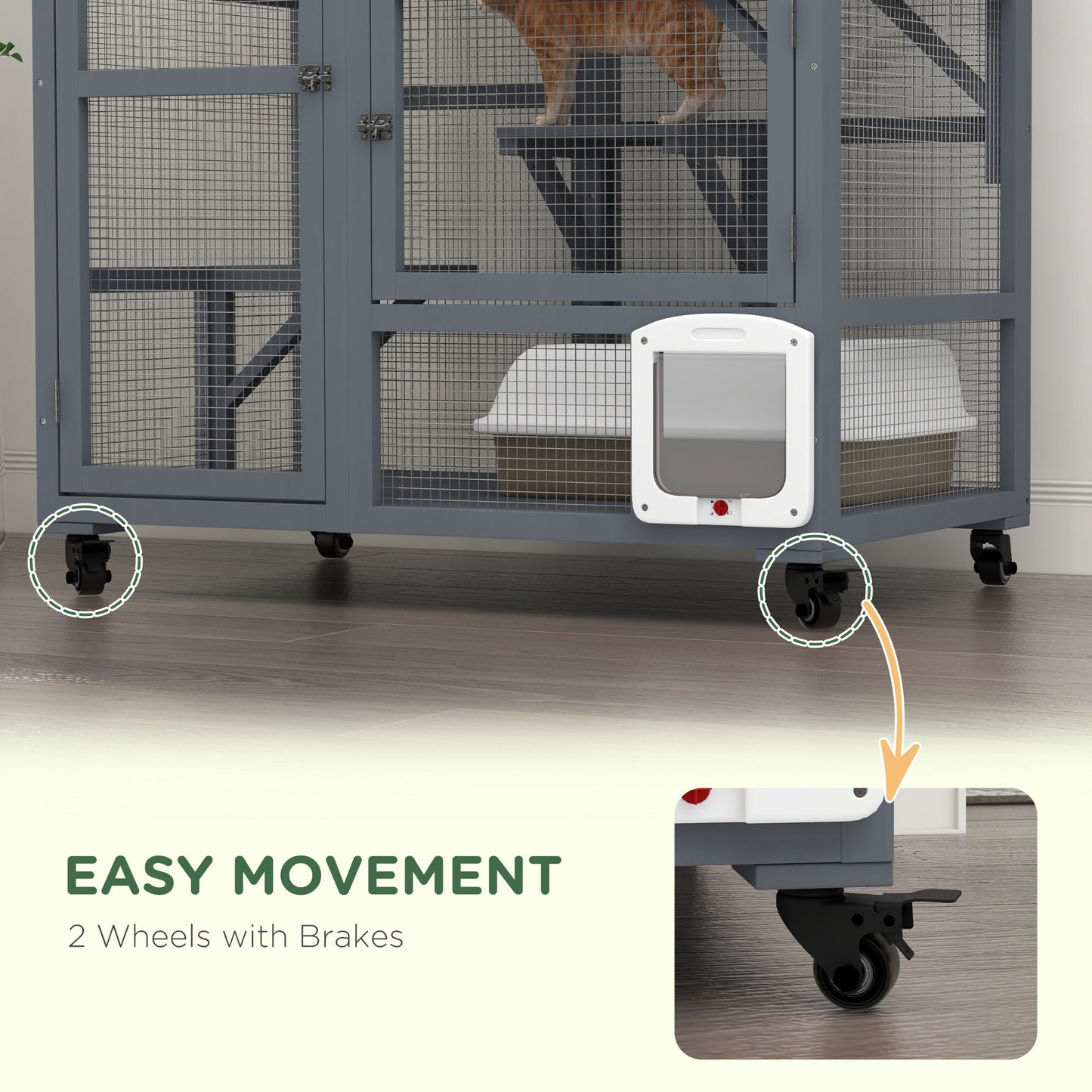Cat Cage House, Catio Cat Indoor Enclosure on Wheels, Weather-Resistant Wooden Kitty Cage with Platforms, Hammock, Light Grey