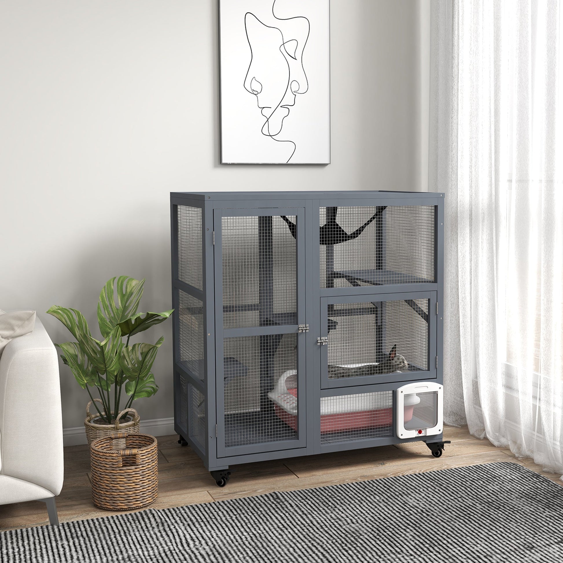 Cat Cage House, Catio Cat Indoor Enclosure on Wheels, Weather-Resistant Wooden Kitty Cage with Platforms, Hammock, Light Grey