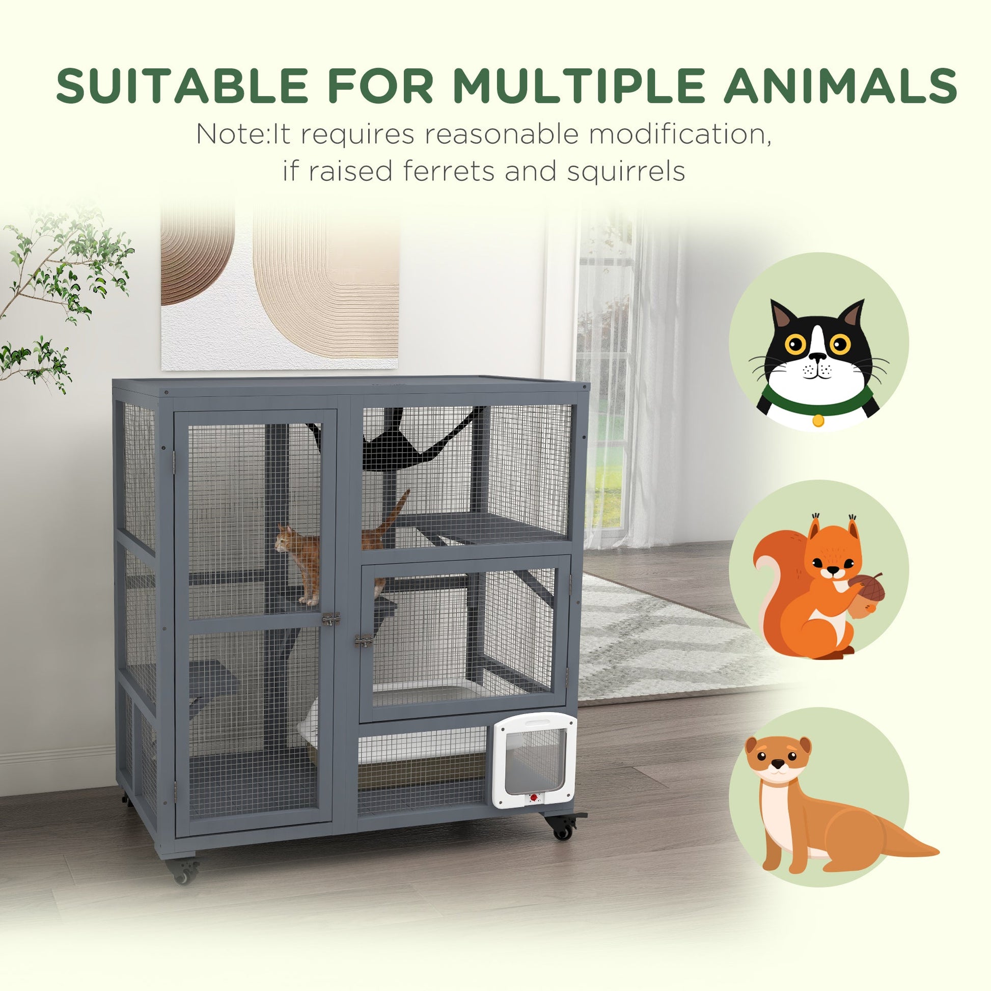 Cat Cage House, Catio Cat Indoor Enclosure on Wheels, Weather-Resistant Wooden Kitty Cage with Platforms, Hammock, Light Grey