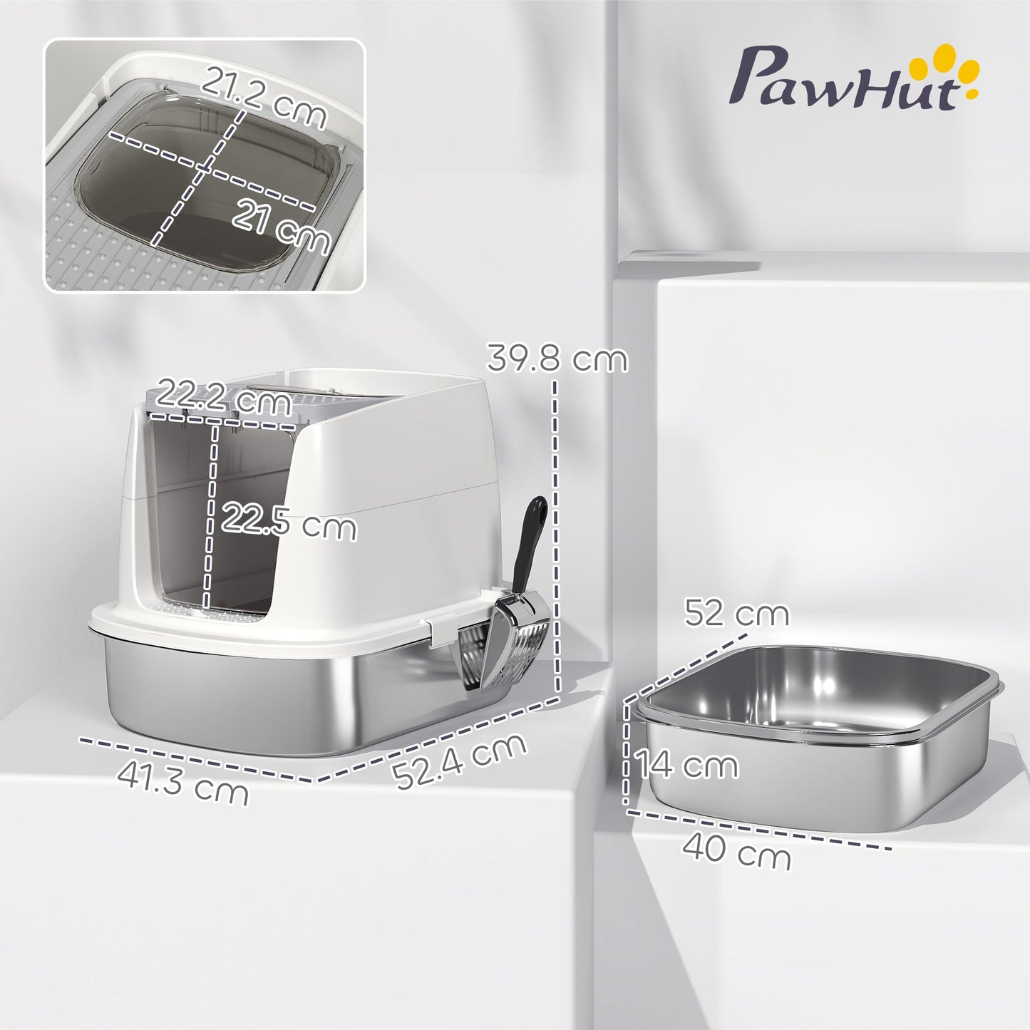 Stainless Steel Litter Box with Lid, Large Hooded Cat Litter Tray with Flip Cover, Metal Scoop, Deodoriser Bag, Non-Sticky, Odour Control and Easy Clean, White