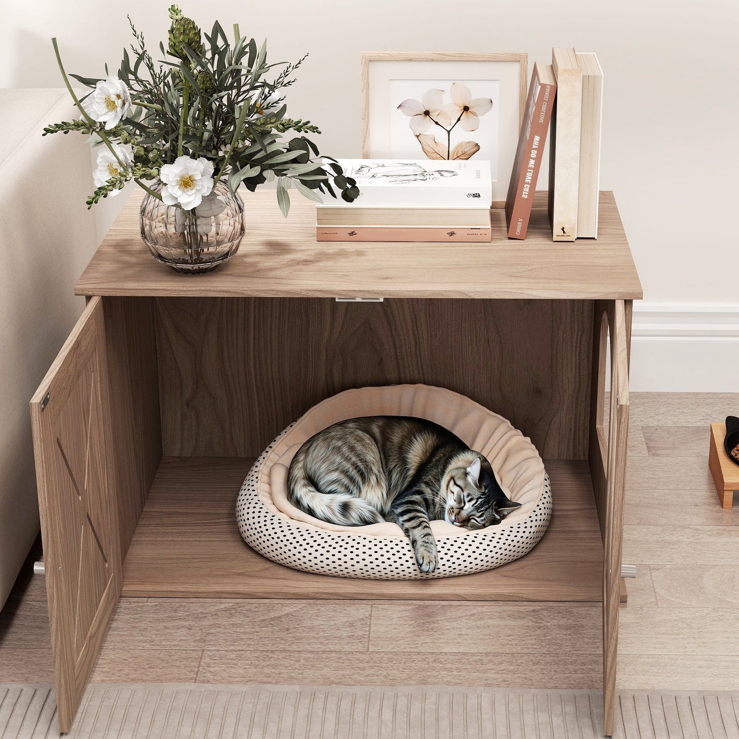 Cat Litter Box Enclosure, Cats House Litter Box Furniture with Double Doors and Side Entrance, Non-Slip Pads, Indoor Kitty House Hidden Washroom Toilet for Living Room, Walnut Brown