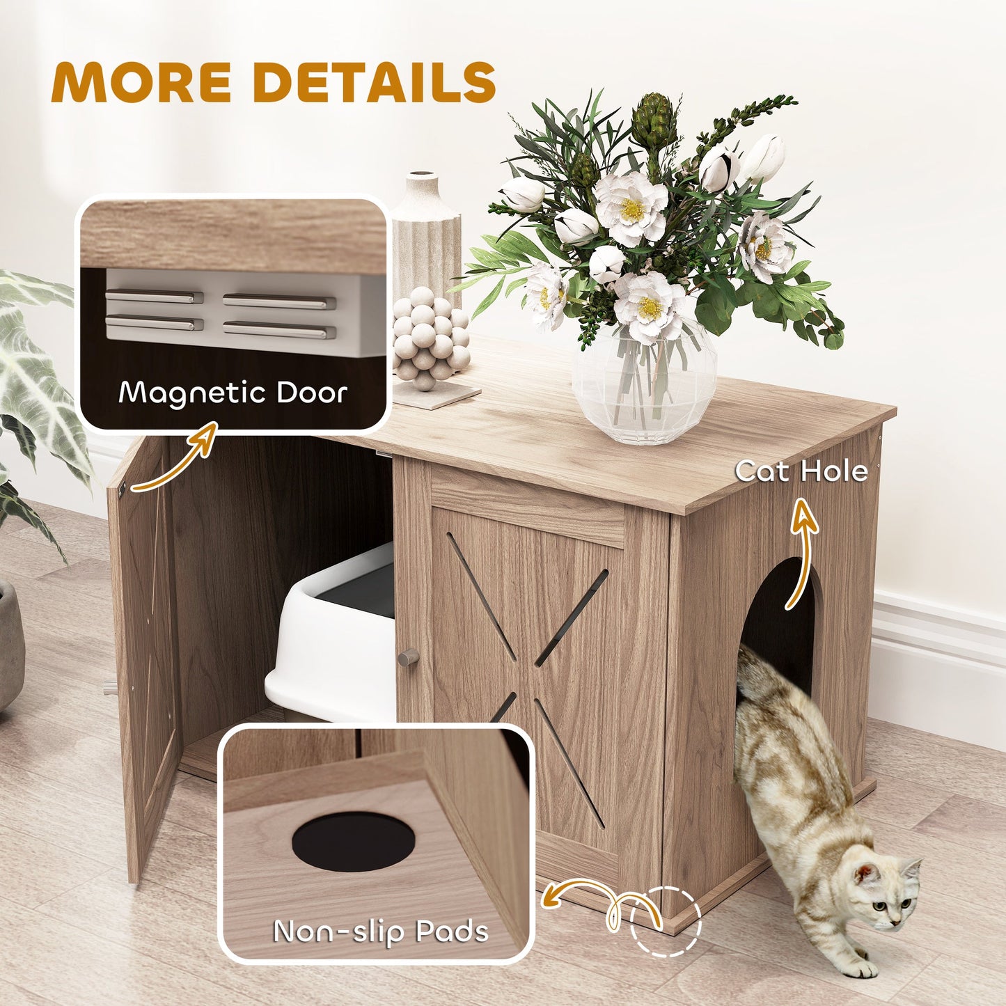 Cat Litter Box Enclosure, Cats House Litter Box Furniture with Double Doors and Side Entrance, Non-Slip Pads, Indoor Kitty House Hidden Washroom Toilet for Living Room, Walnut Brown