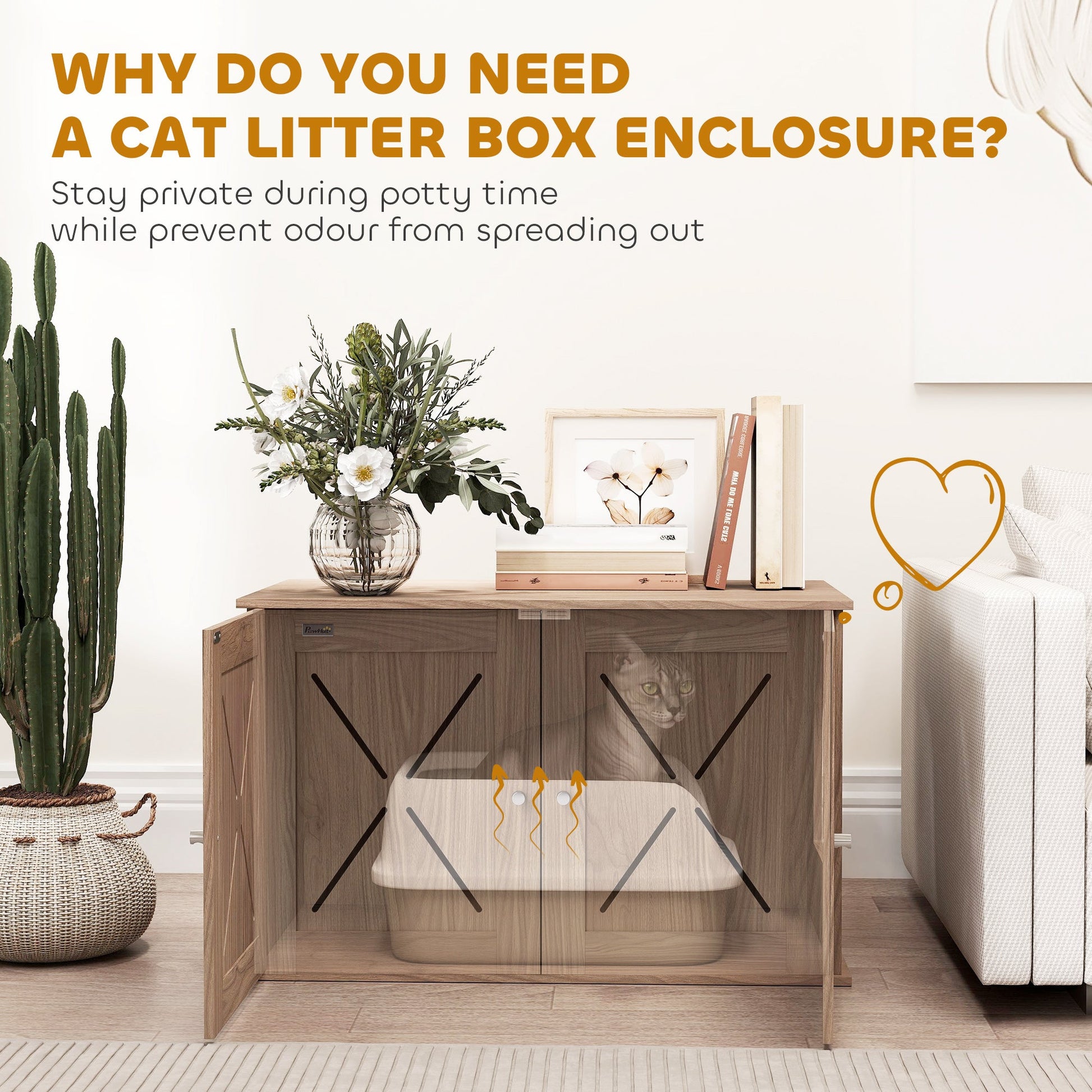 Cat Litter Box Enclosure, Cats House Litter Box Furniture with Double Doors and Side Entrance, Non-Slip Pads, Indoor Kitty House Hidden Washroom Toilet for Living Room, Walnut Brown