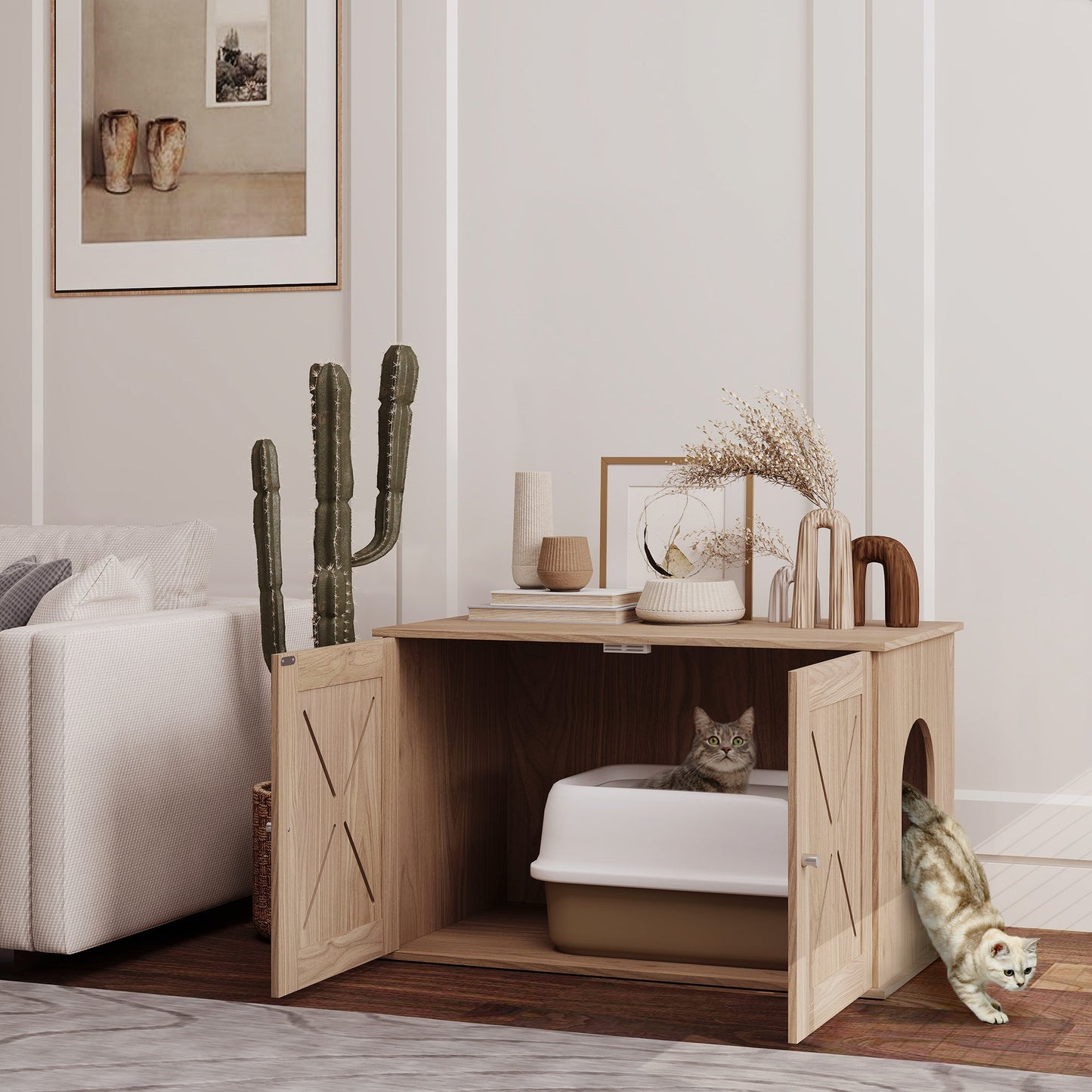 Cat Litter Box Enclosure, Cats House Litter Box Furniture with Double Doors and Side Entrance, Non-Slip Pads, Indoor Kitty House Hidden Washroom Toilet for Living Room, Walnut Brown