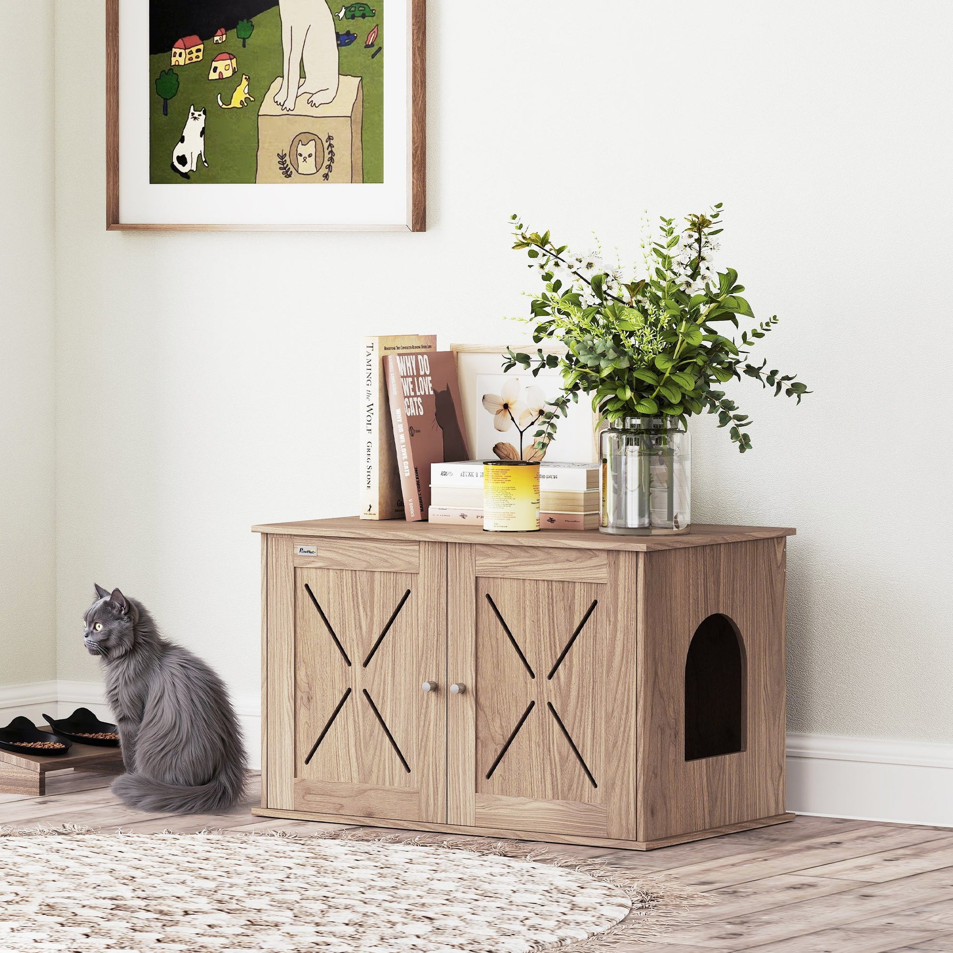 Cat Litter Box Enclosure, Cats House Litter Box Furniture with Double Doors and Side Entrance, Non-Slip Pads, Indoor Kitty House Hidden Washroom Toilet for Living Room, Walnut Brown