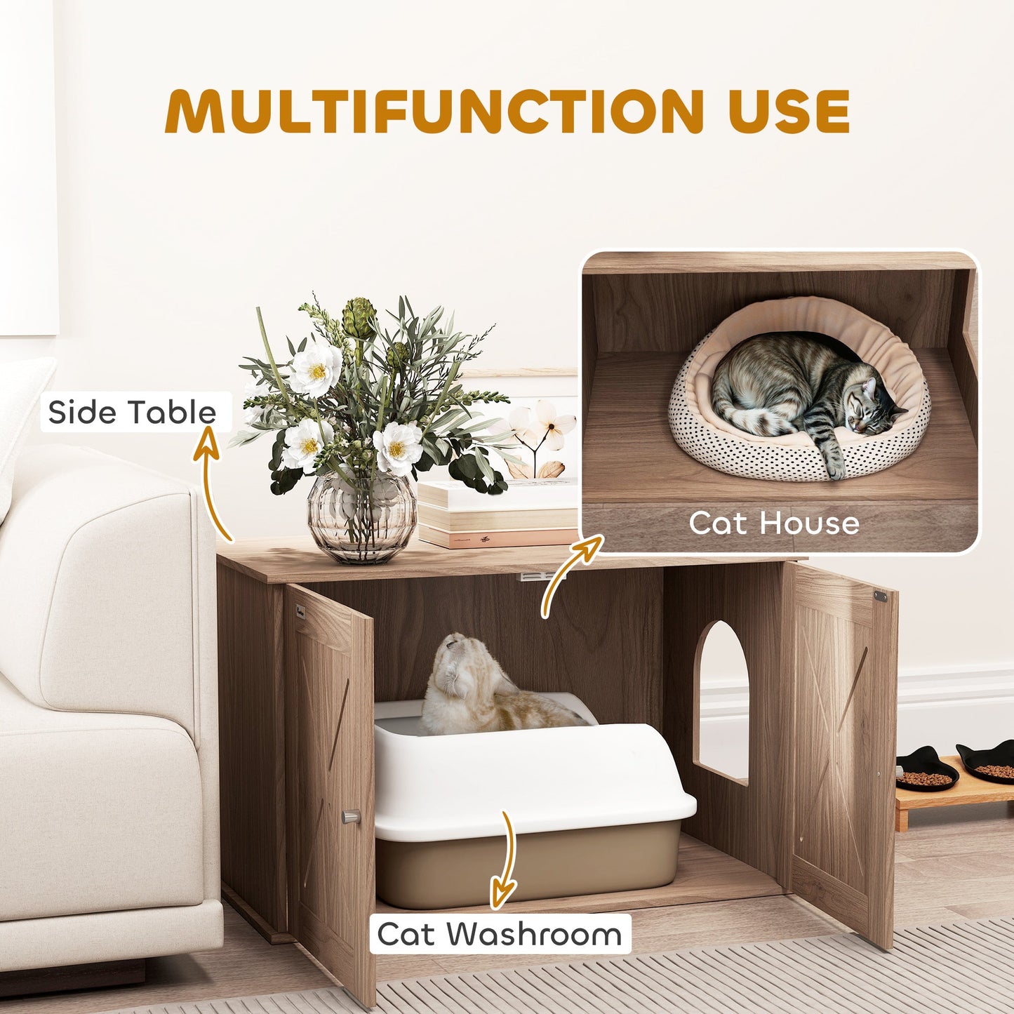 Cat Litter Box Enclosure, Cats House Litter Box Furniture with Double Doors and Side Entrance, Non-Slip Pads, Indoor Kitty House Hidden Washroom Toilet for Living Room, Walnut Brown
