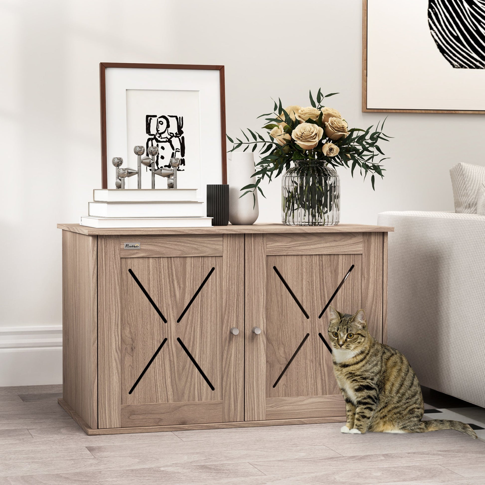 Cat Litter Box Enclosure, Cats House Litter Box Furniture with Double Doors and Side Entrance, Non-Slip Pads, Indoor Kitty House Hidden Washroom Toilet for Living Room, Walnut Brown