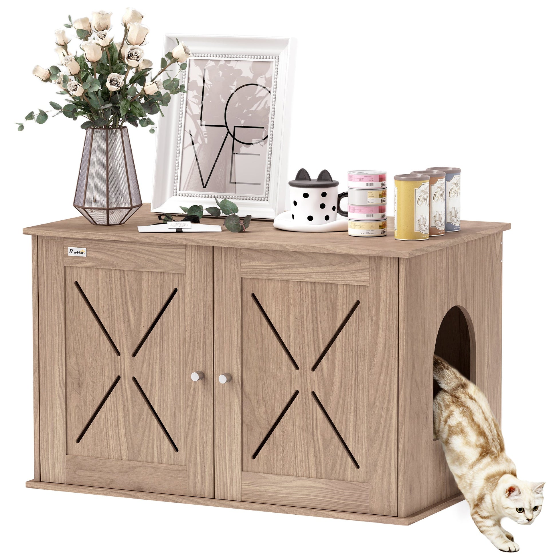 Cat Litter Box Enclosure, Cats House Litter Box Furniture with Double Doors and Side Entrance, Non-Slip Pads, Indoor Kitty House Hidden Washroom Toilet for Living Room, Walnut Brown