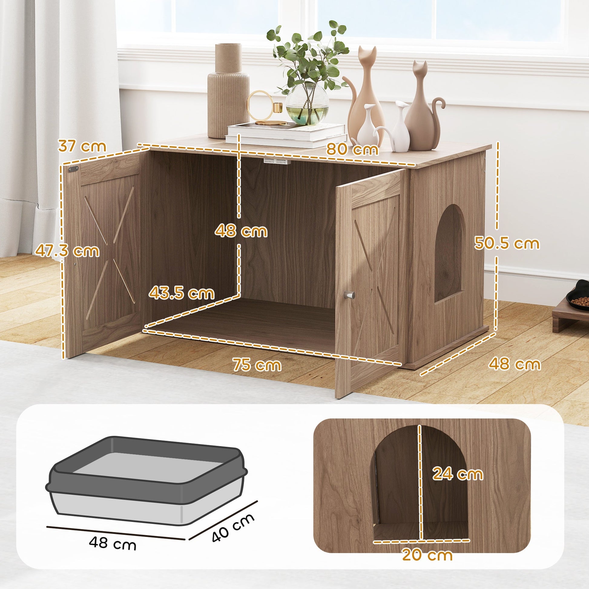 Cat Litter Box Enclosure, Cats House Litter Box Furniture with Double Doors and Side Entrance, Non-Slip Pads, Indoor Kitty House Hidden Washroom Toilet for Living Room, Walnut Brown