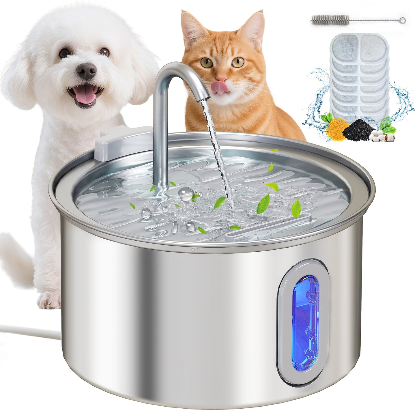 Cat Water Fountain for Drinking, 2.5L Cat Fountain Stainless Steel Automatic with Ultra-Silent Pump, Water-Level Window, 7 Filters