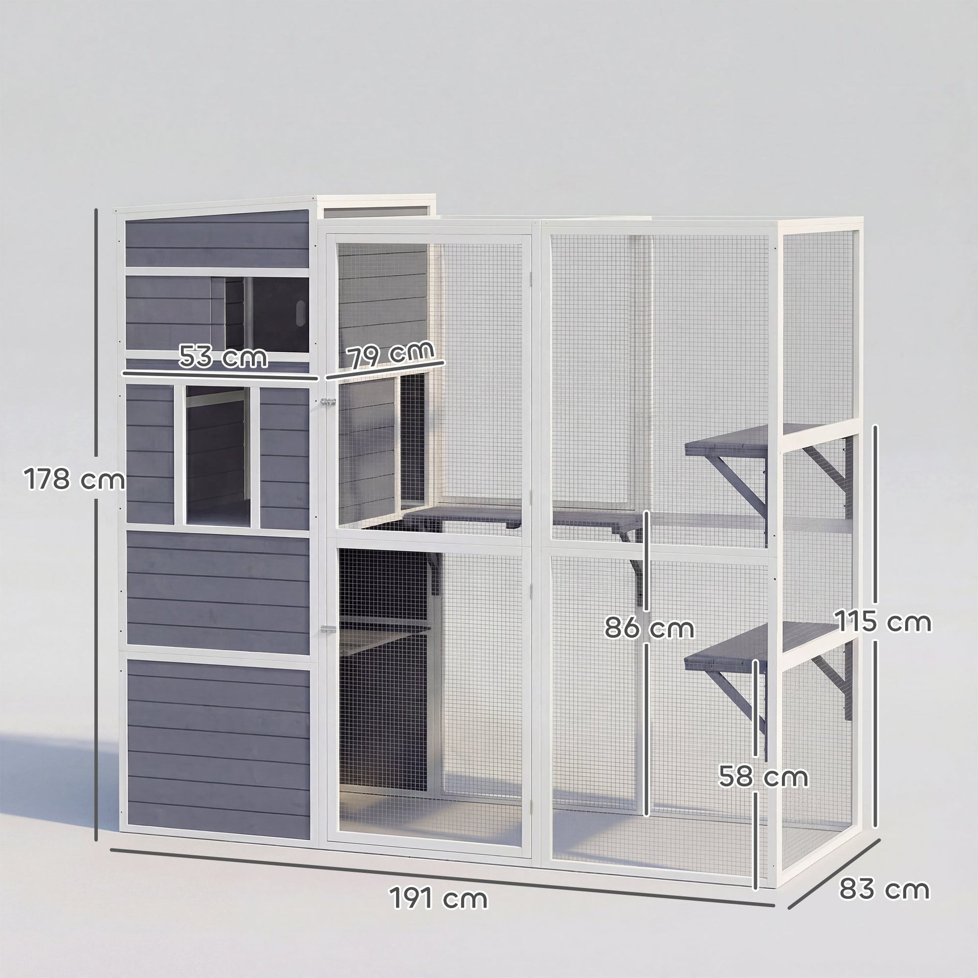 Wooden Catio, 4-Tier Catio Cat Outdoor Enclosure with All-Weather Sun Roof, Spacious Resting Rooms, 3 Platforms, Window for Multiple Cats Outdoor Indoor, Grey
