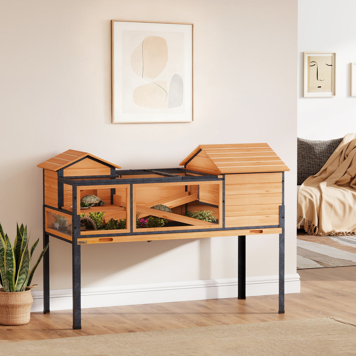 Tortoise House with 2 Rooms, Wooden Reptile Enclosure Habitat with Clear Windows, Ramps, Openable Top, Built-in Tray, with Stand Legs for Indoor Use, Yellow
