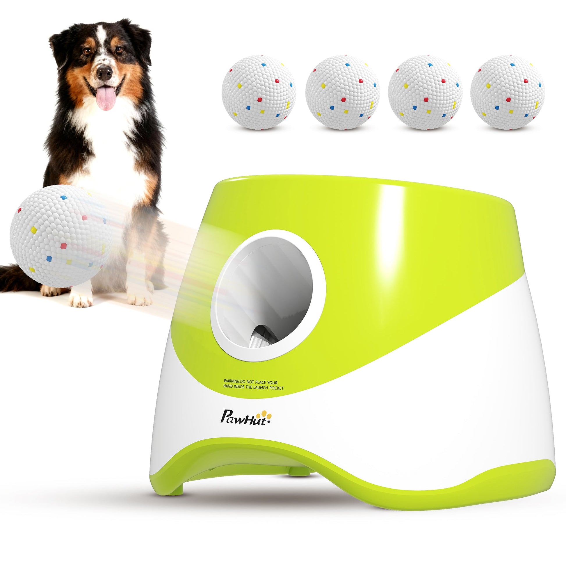 Automatic Dog Ball Launcher with 5 ETPU Tennis Balls, Dog Ball Thrower with 3 Distance Settings (20/33/46ft), Indoor Outdoor Interactive Toy for Small Medium Dogs, Green
