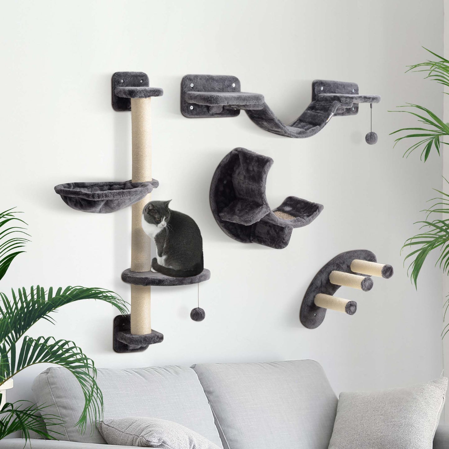 4 Piece Cat Shelves, Cat Wall Furniture with Hammock, Scratching Posts, Soft Ladder, Steps, Jump Platforms, for Indoor Kittens - Dark Grey
