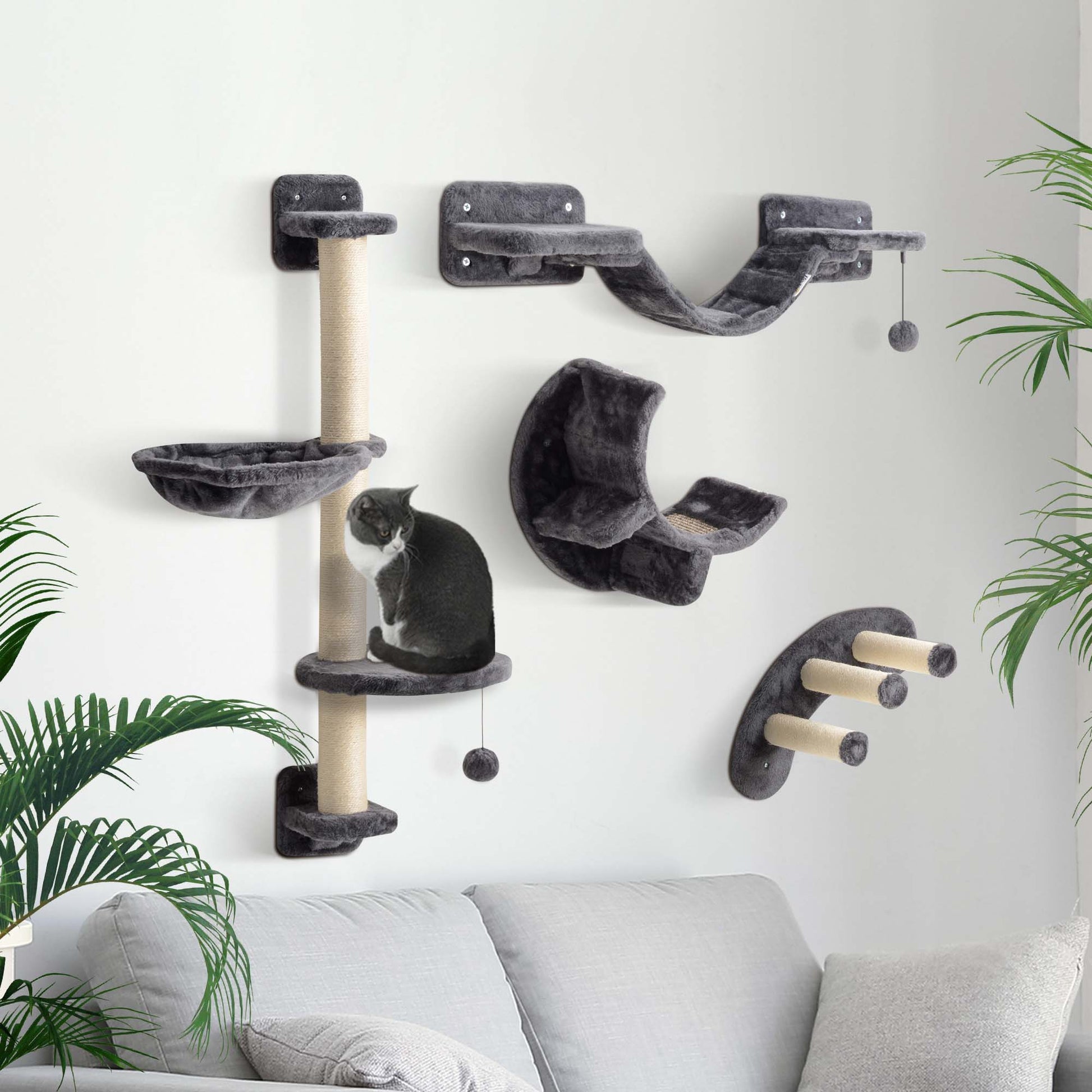 4 Piece Cat Shelves, Cat Wall Furniture with Hammock, Scratching Posts, Soft Ladder, Steps, Jump Platforms, for Indoor Kittens - Dark Grey