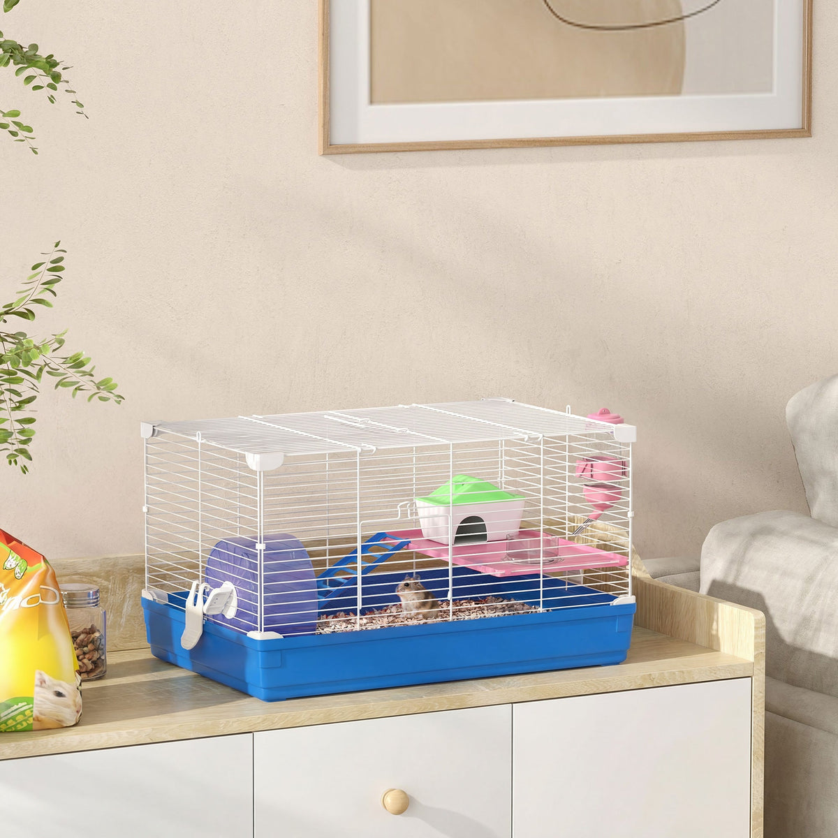 Hamster Cage, Small Gerbil Cage 2 Tiers Portable w/ Handle, Exercise Wheel, Water Bottle, Dishes, Blue